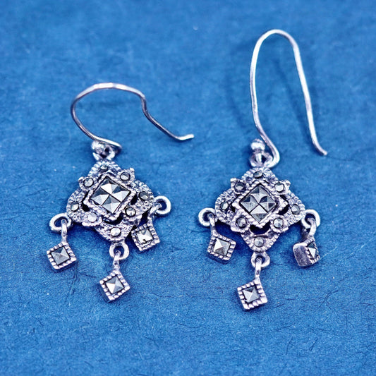 Vintage sterling 925 silver handmade diamond fringe earrings with marcasite