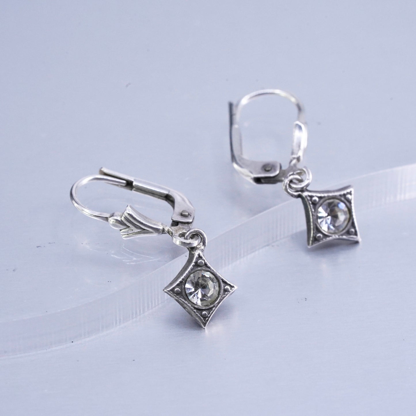 Vintage Sterling 925 silver diamond shaped earrings with Cz