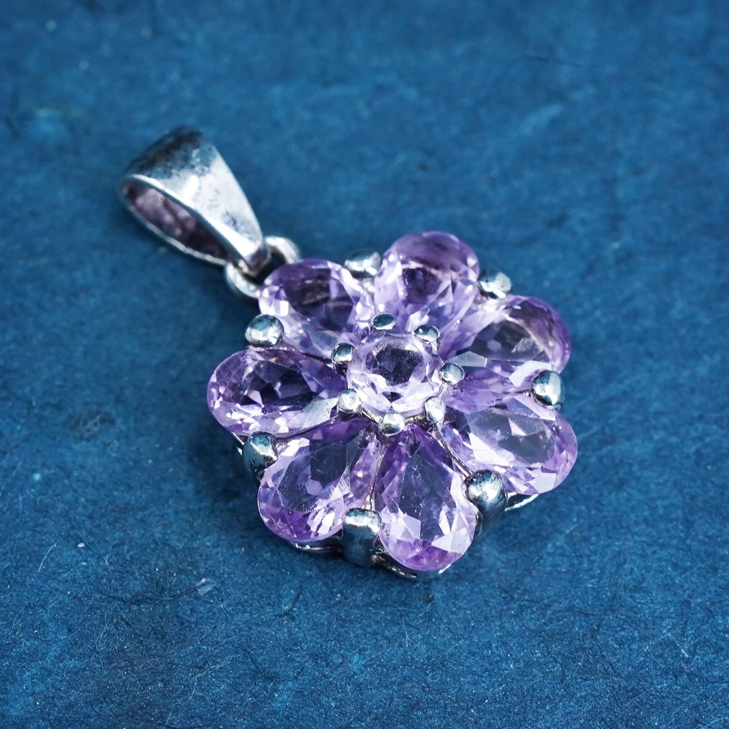 Vintage Sterling silver handmade pendant, 925 flower with amethyst