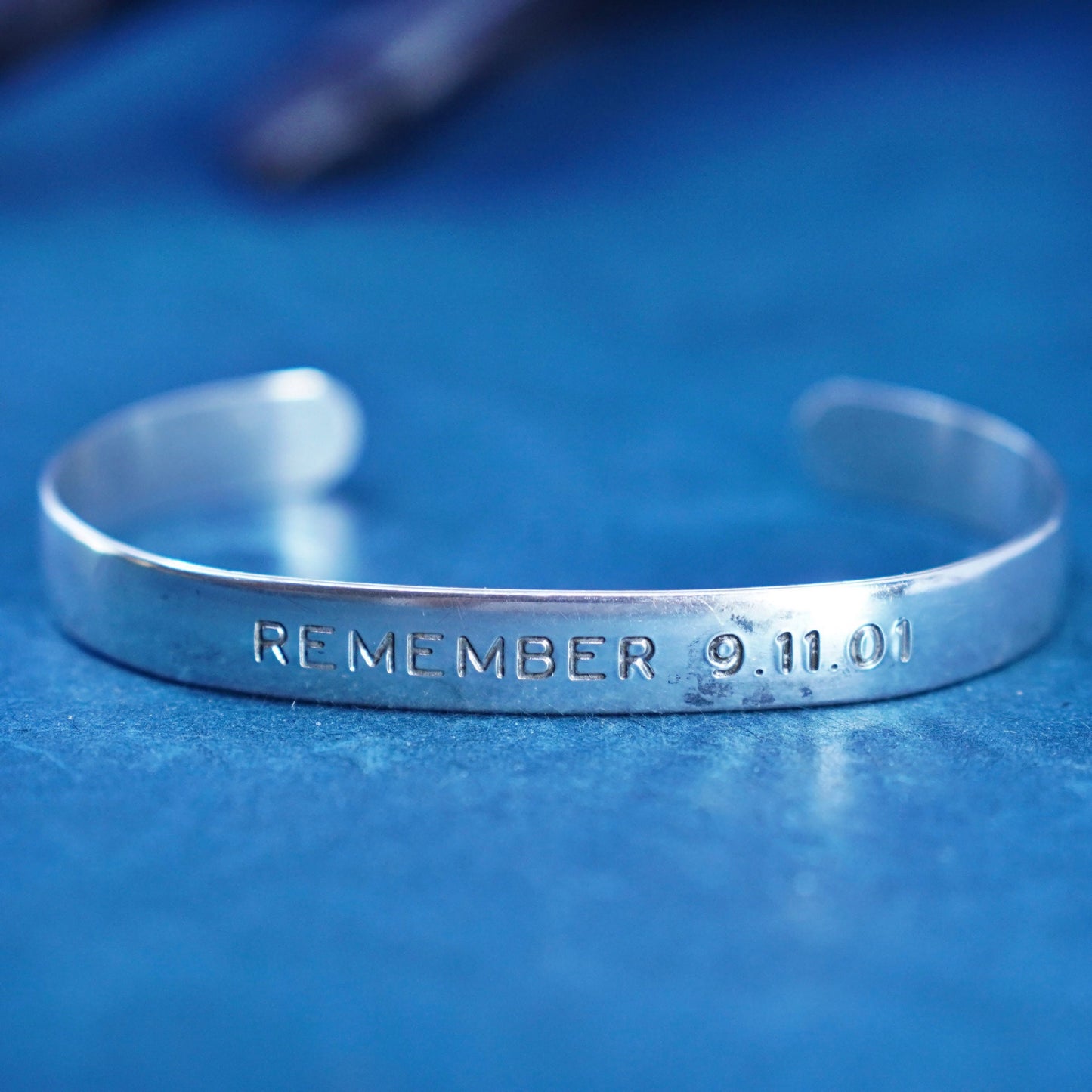 6.5”, sterling silver handmade bracelet, 925 hammered cuff “remember 9.11.01”