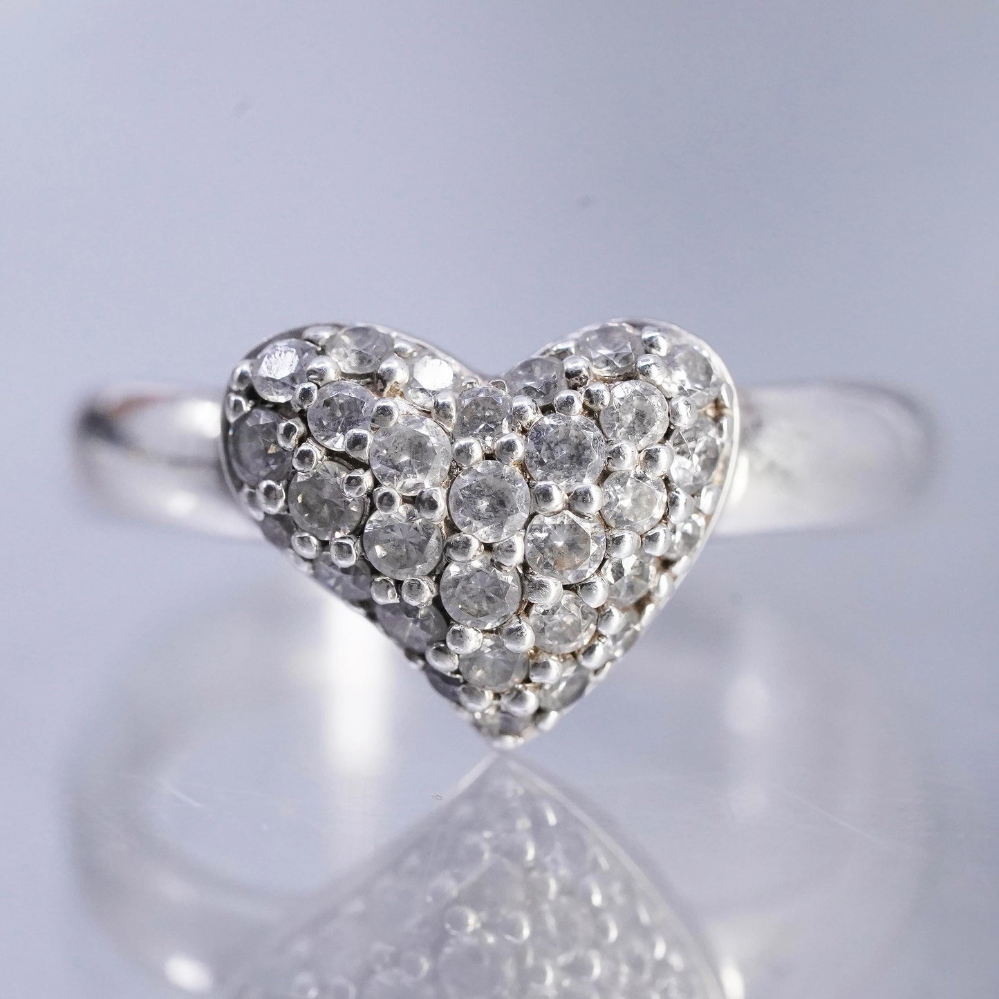 Size 6, vintage Sterling 925 silver handmade heart ring with cluster Cz