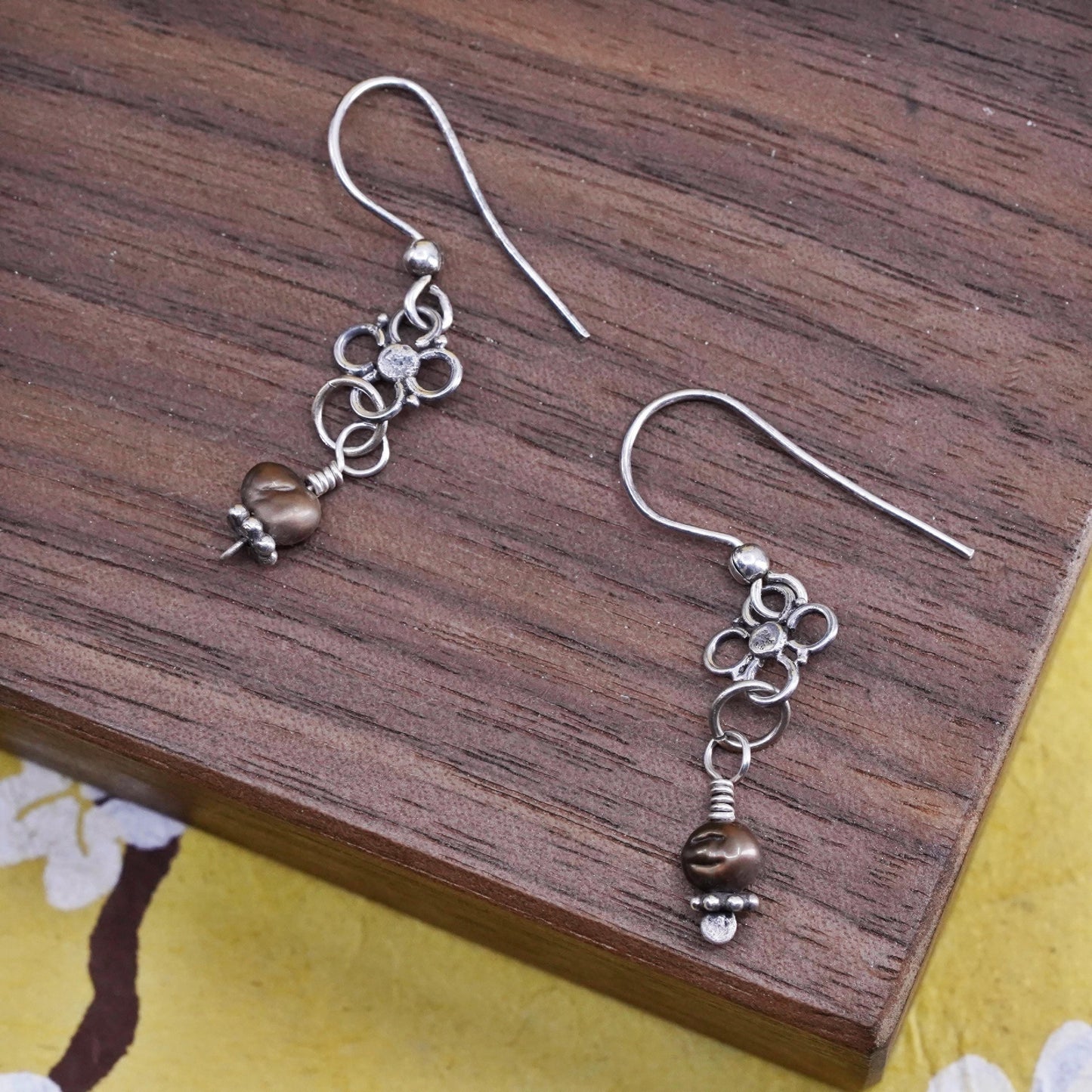 Vintage Sterling 925 silver handmade earrings with pearl and flower dangles