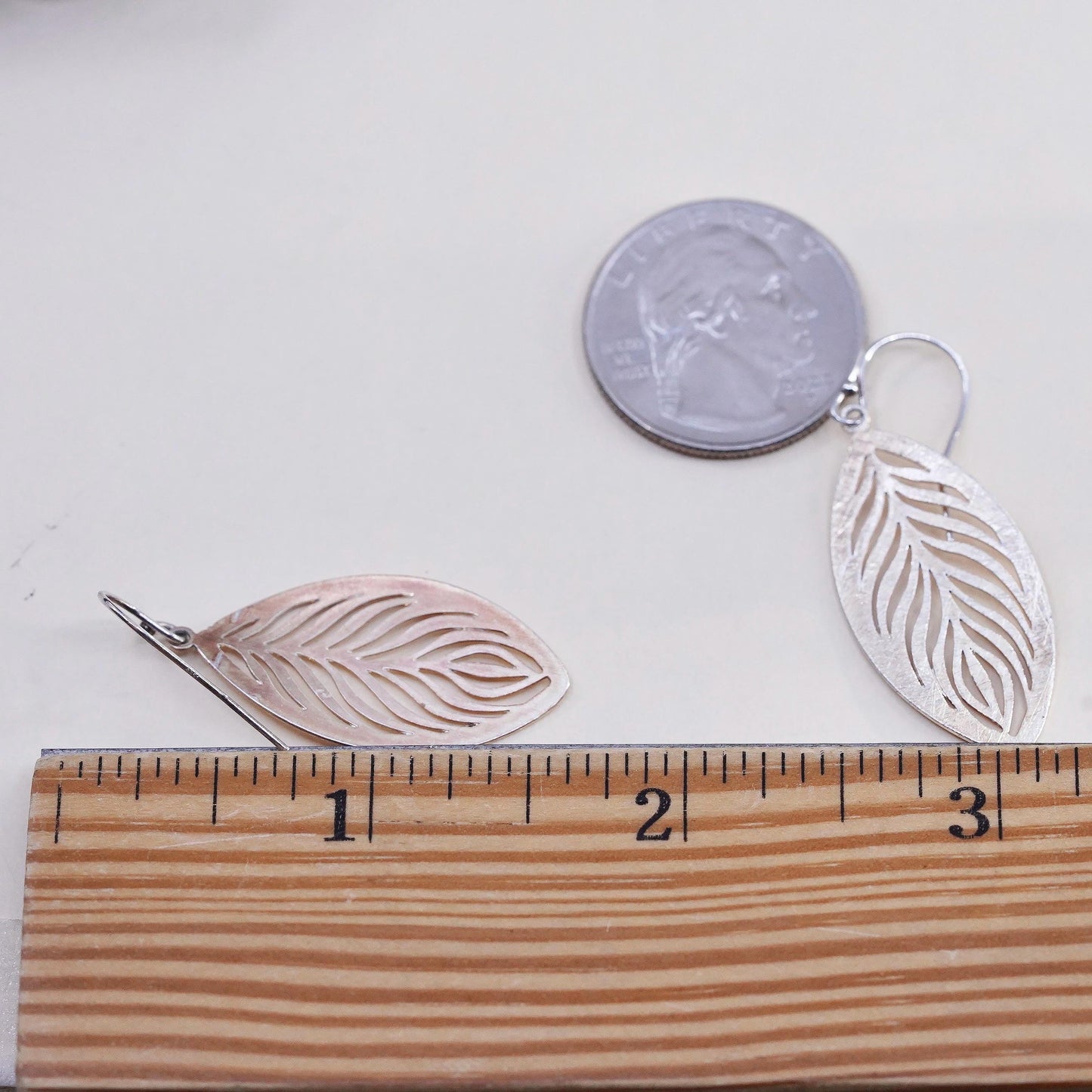 Vintage two tone Sterling silver handmade earrings, matte leaf openwork drops