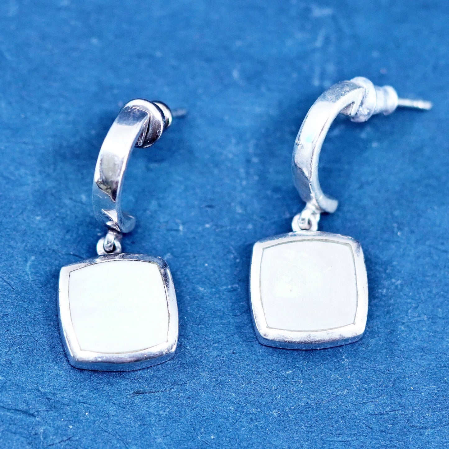 Vintage sterling silver handmade earrings, 925 huggie studs w/ mother of pearl