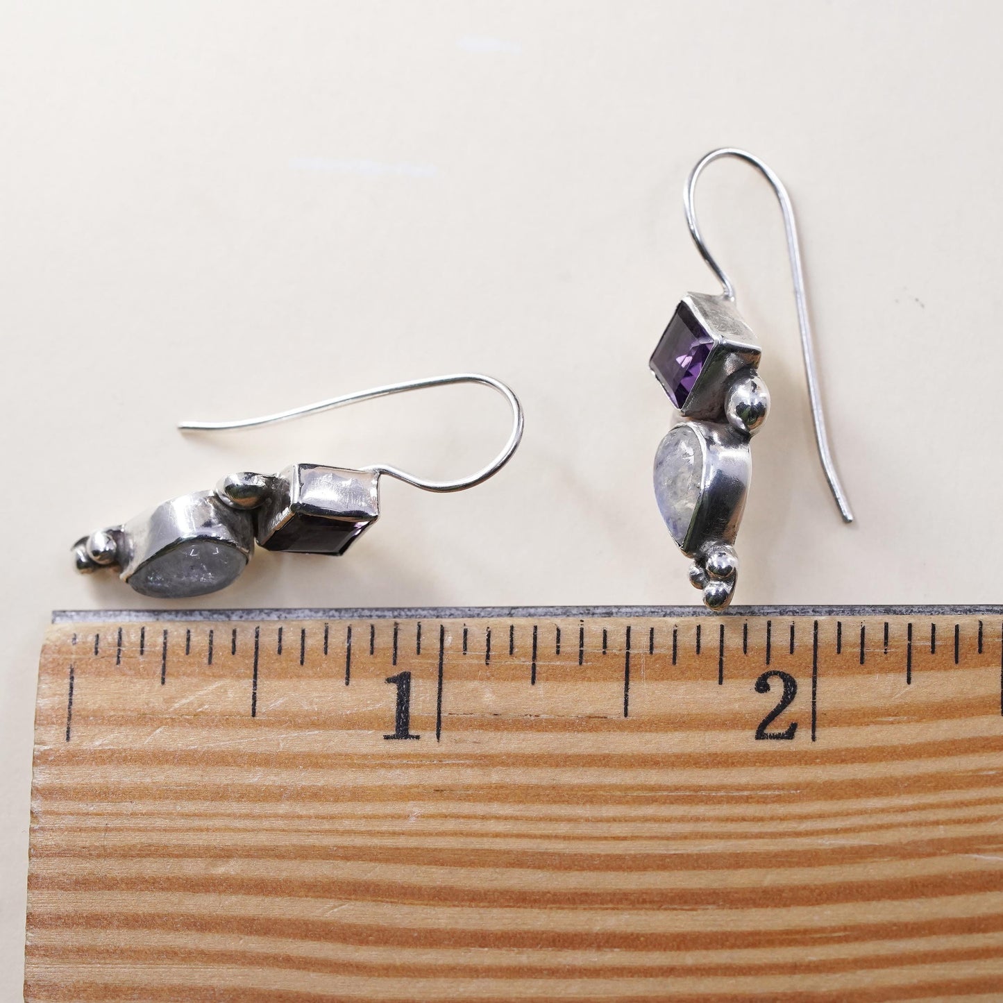 Vintage Sterling 925 silver handmade earrings with amethyst and moonstone