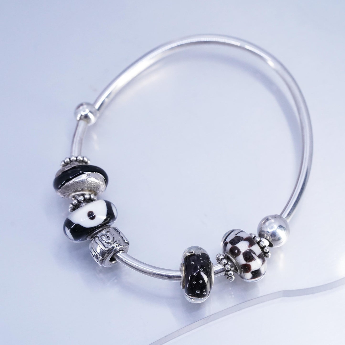 7” 2mm, Vintage Sterling 925 silver handmade bracelet, bangle with glass beads