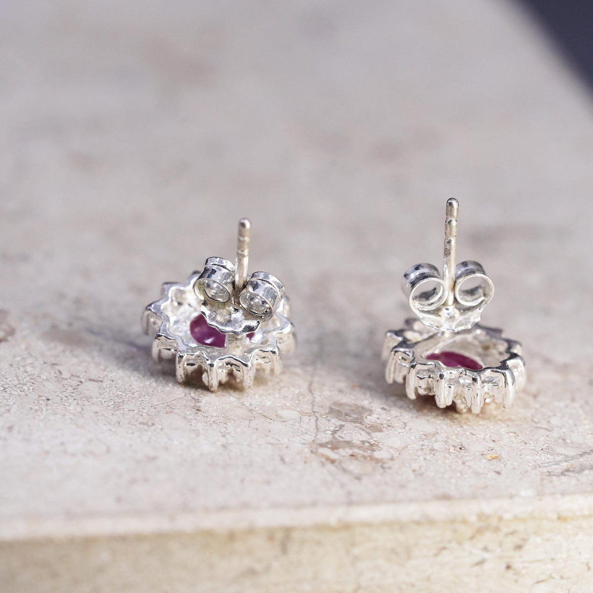 Vintage Sterling silver handmade earrings, 925 studs with ruby and diamonds