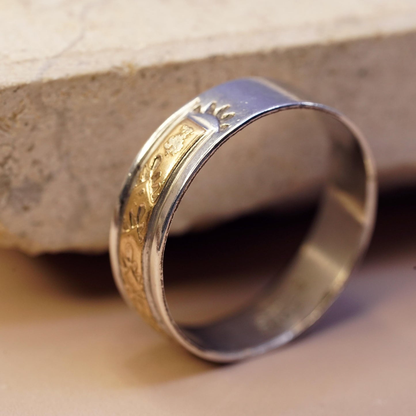 Size 10, Native American Keith James sterling silver 14K GF ring, Navajo 925