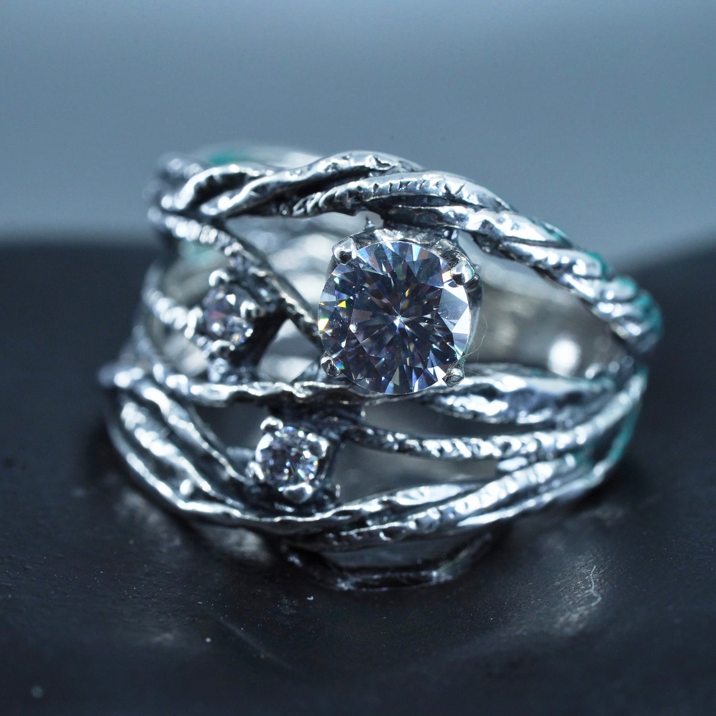 Size 7.5, Shablool Didae sterling silver ring, handmade woven 925 band with cz