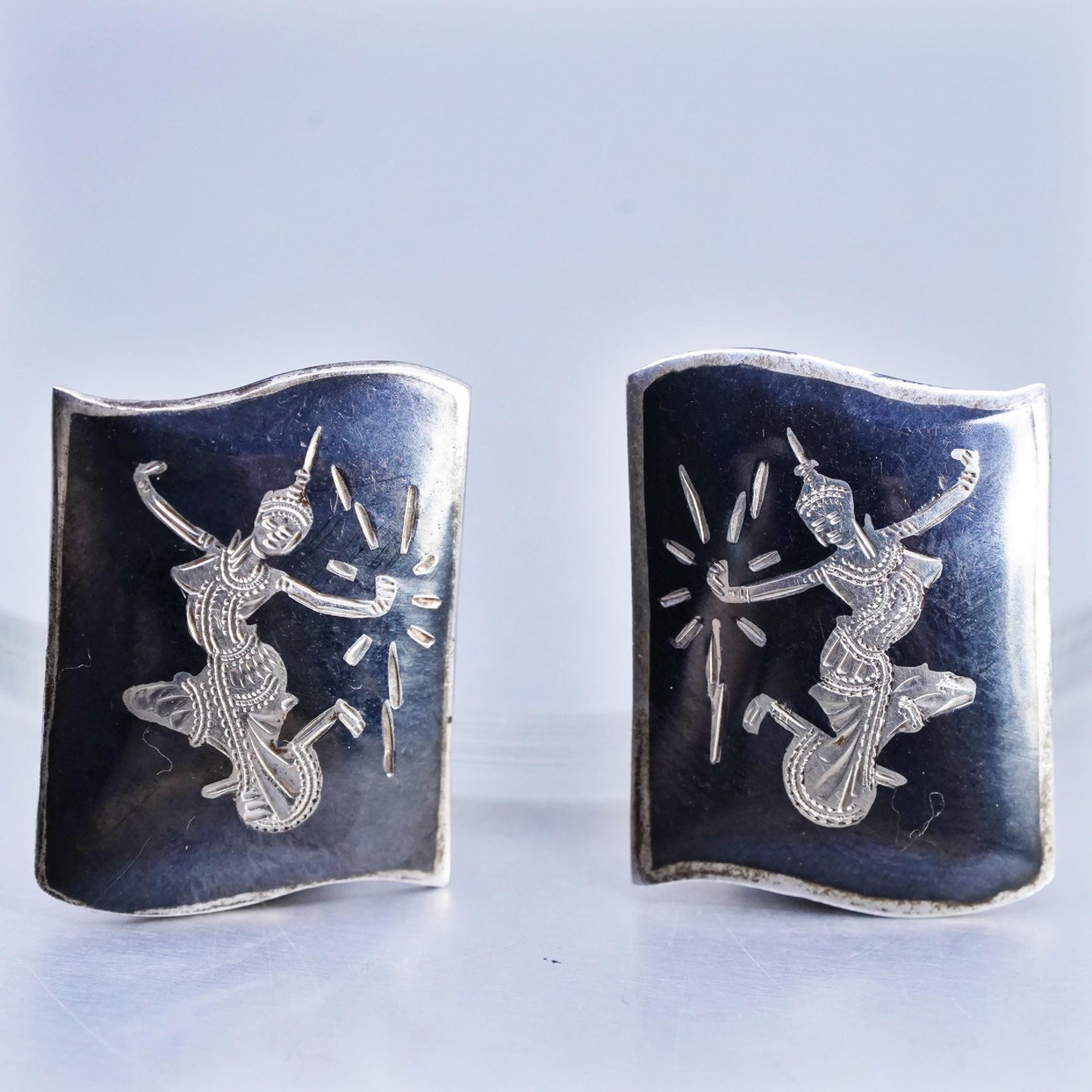 Vintage Siam sterling silver clip on earrings, 925 rectangular earrings, niello