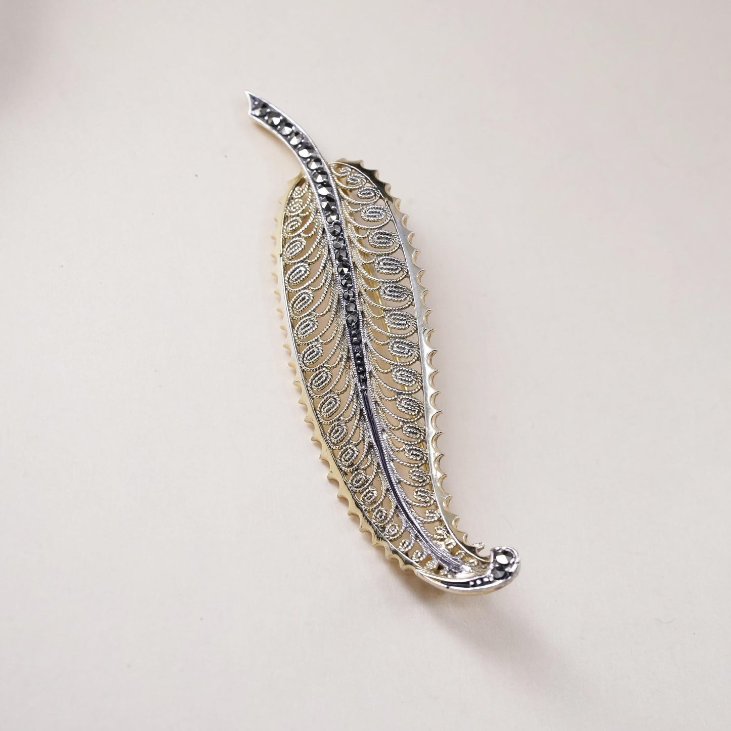 Germany vermeil gold Sterling silver brooch, 925 filigree leaf pin marcasite
