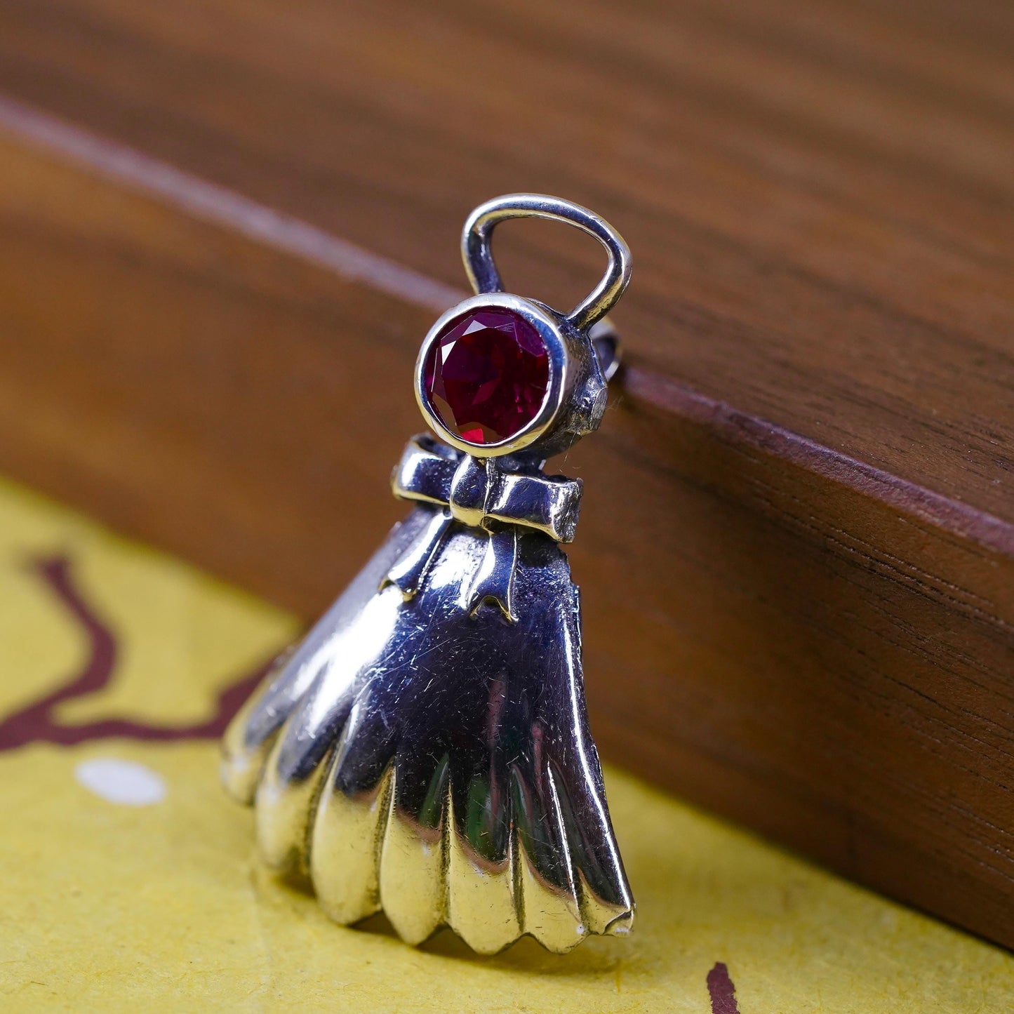 Vintage Sterling silver handmade pendant, 925 angel charm with ruby