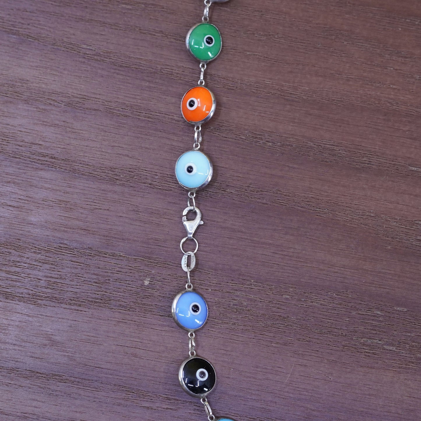 17”, Sterling 925 silver handmade necklace with colorful glass evil eye links