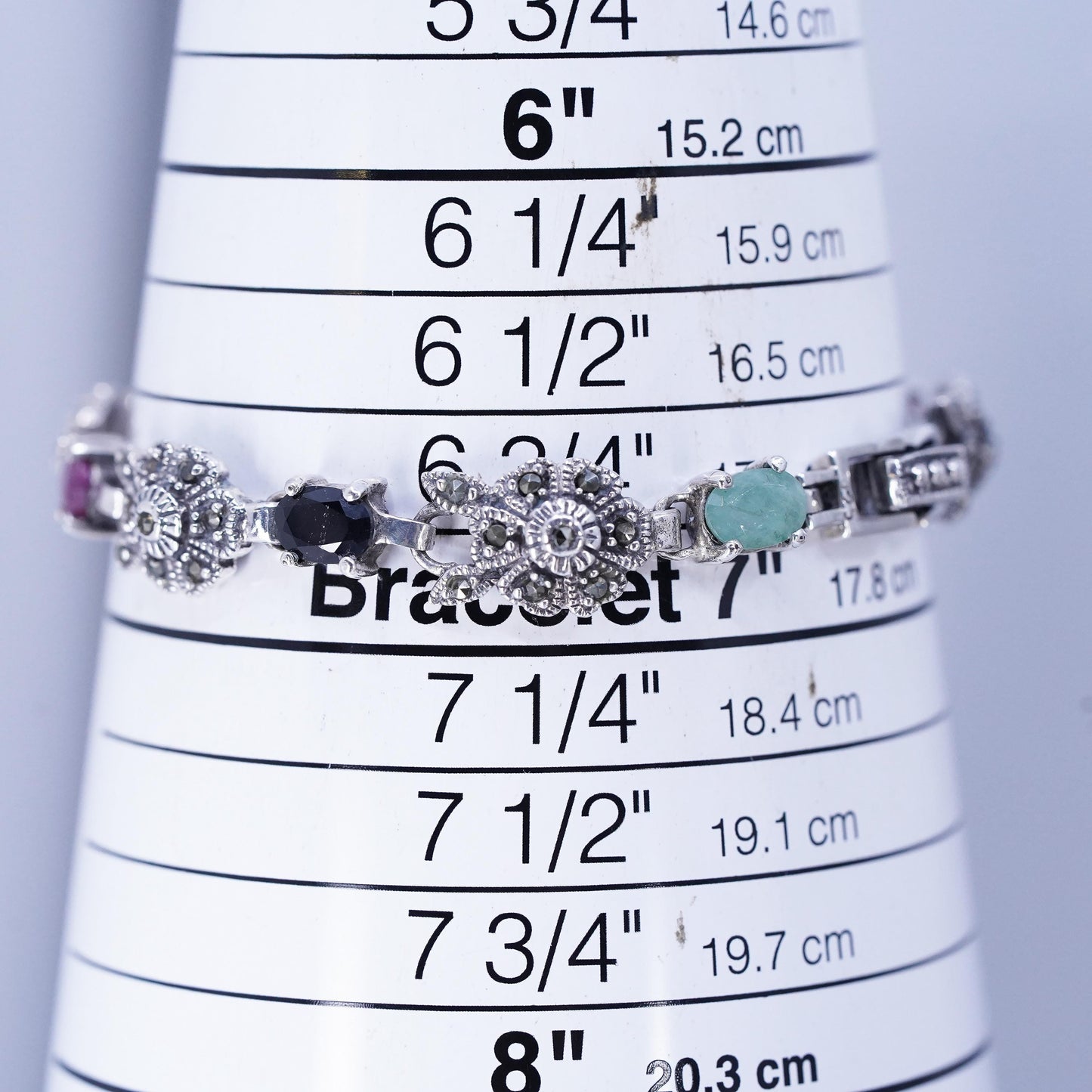 7", VTG Sterling Silver 925 Tennis Marcasite flower Bracelet ruby sapphire jade