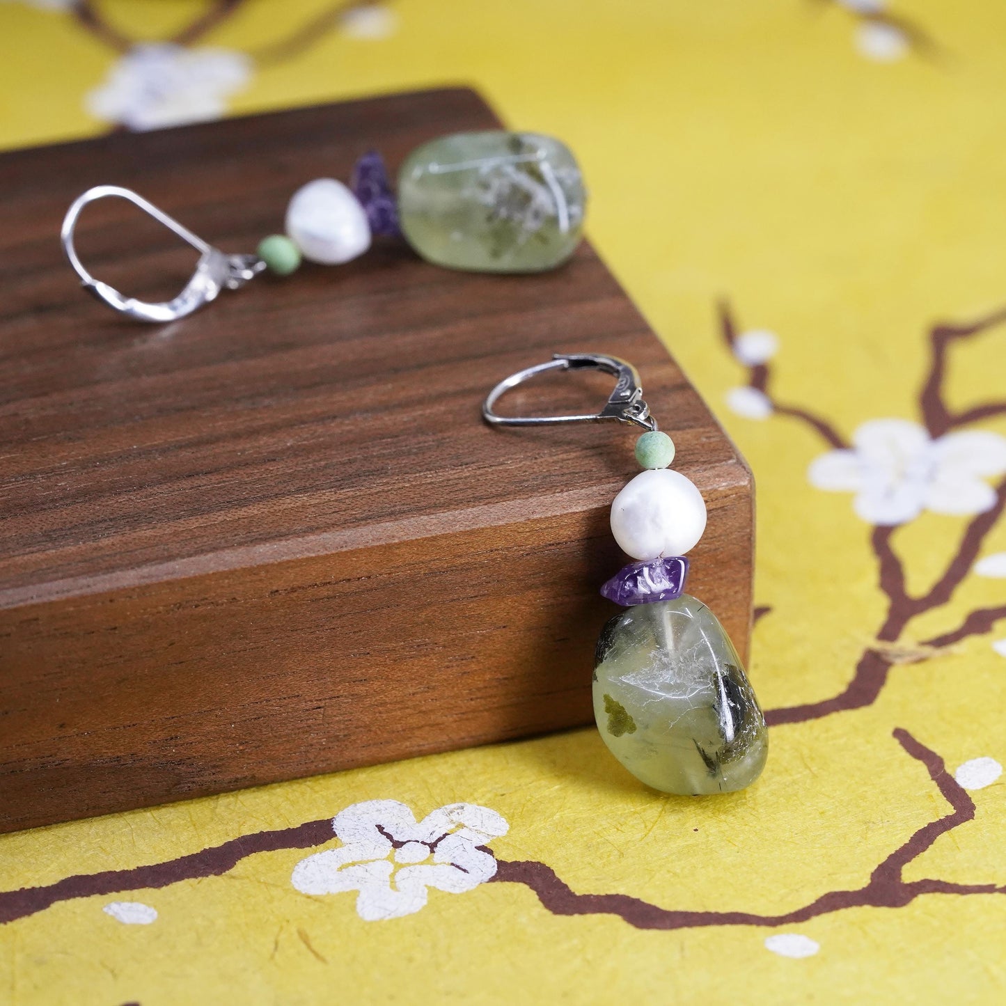 Sterling silver 925 handmade earrings with pearl prehnite amethyst nuggets