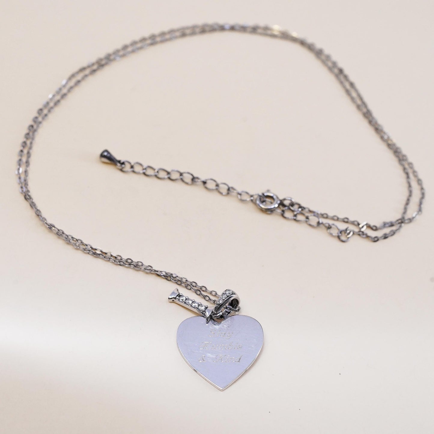 18+2”, sterling silver necklace, 925 chain heart Pendant stay humble kind