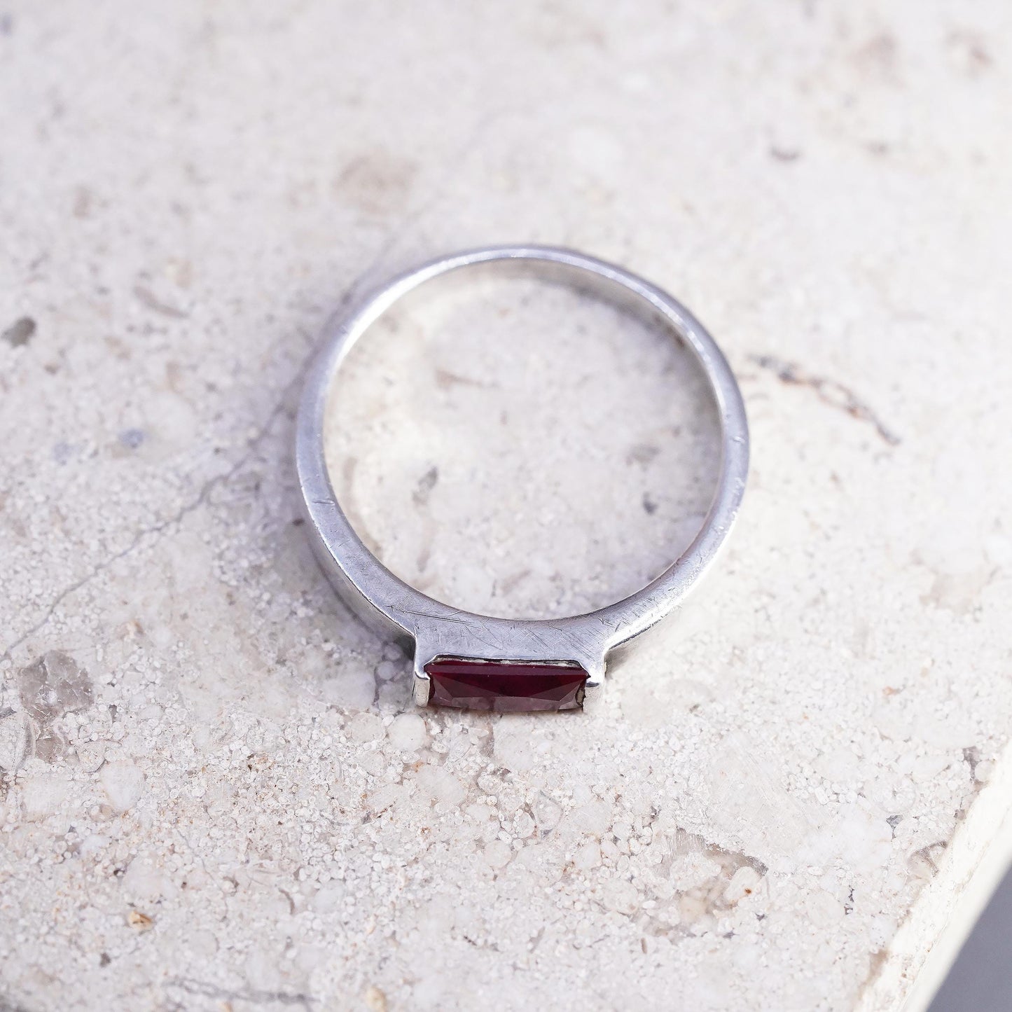 Size 7.25, vintage Sterling 925 silver handmade stackable ring with ruby inlay