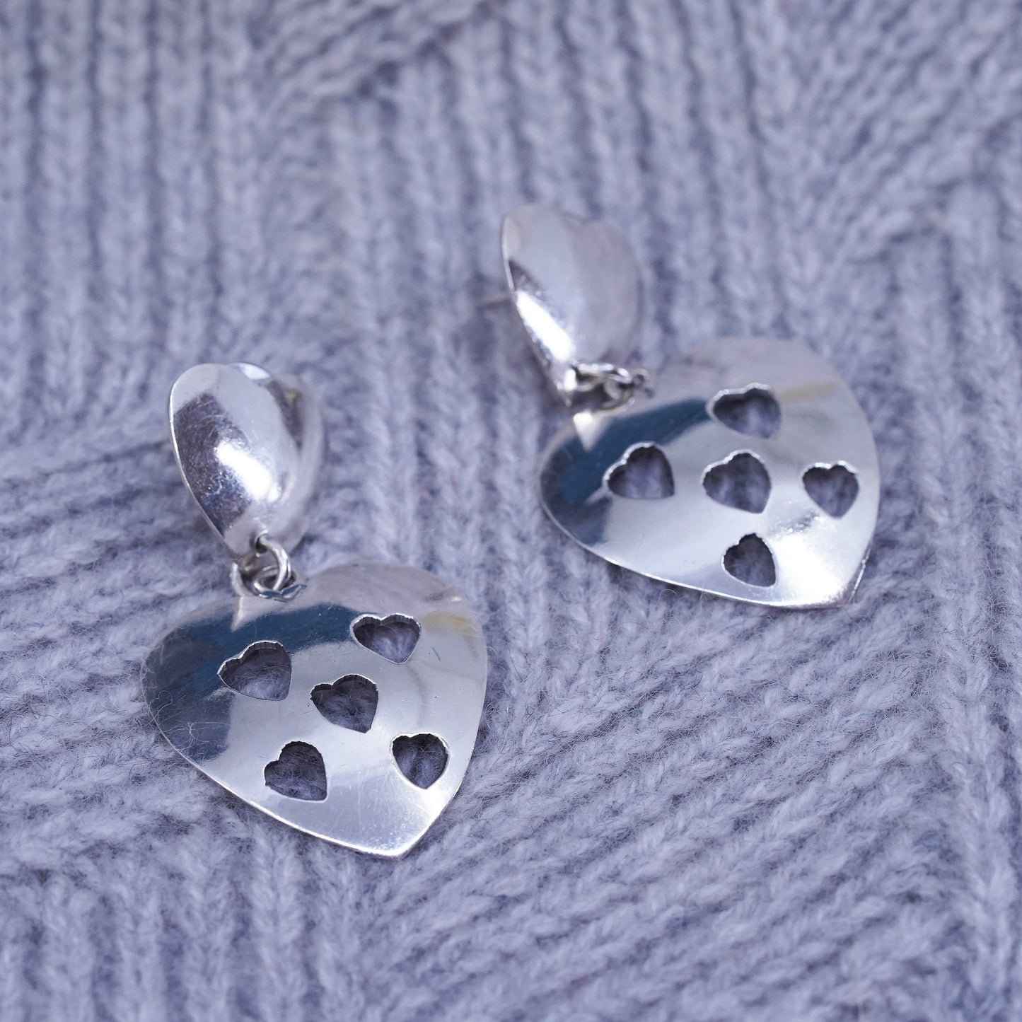 Mexican Sterling silver handmade earrings, 925 heart dangles with heart cut out