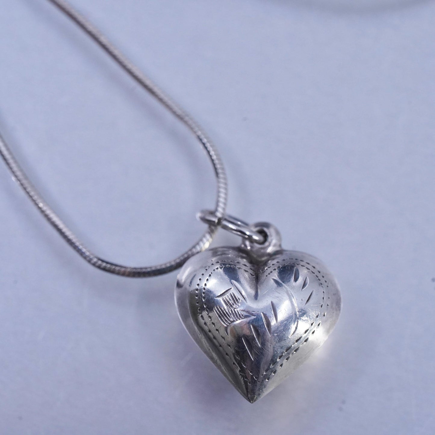 20", vintage Sterling 925 silver snake necklace puffy textured heart pendant