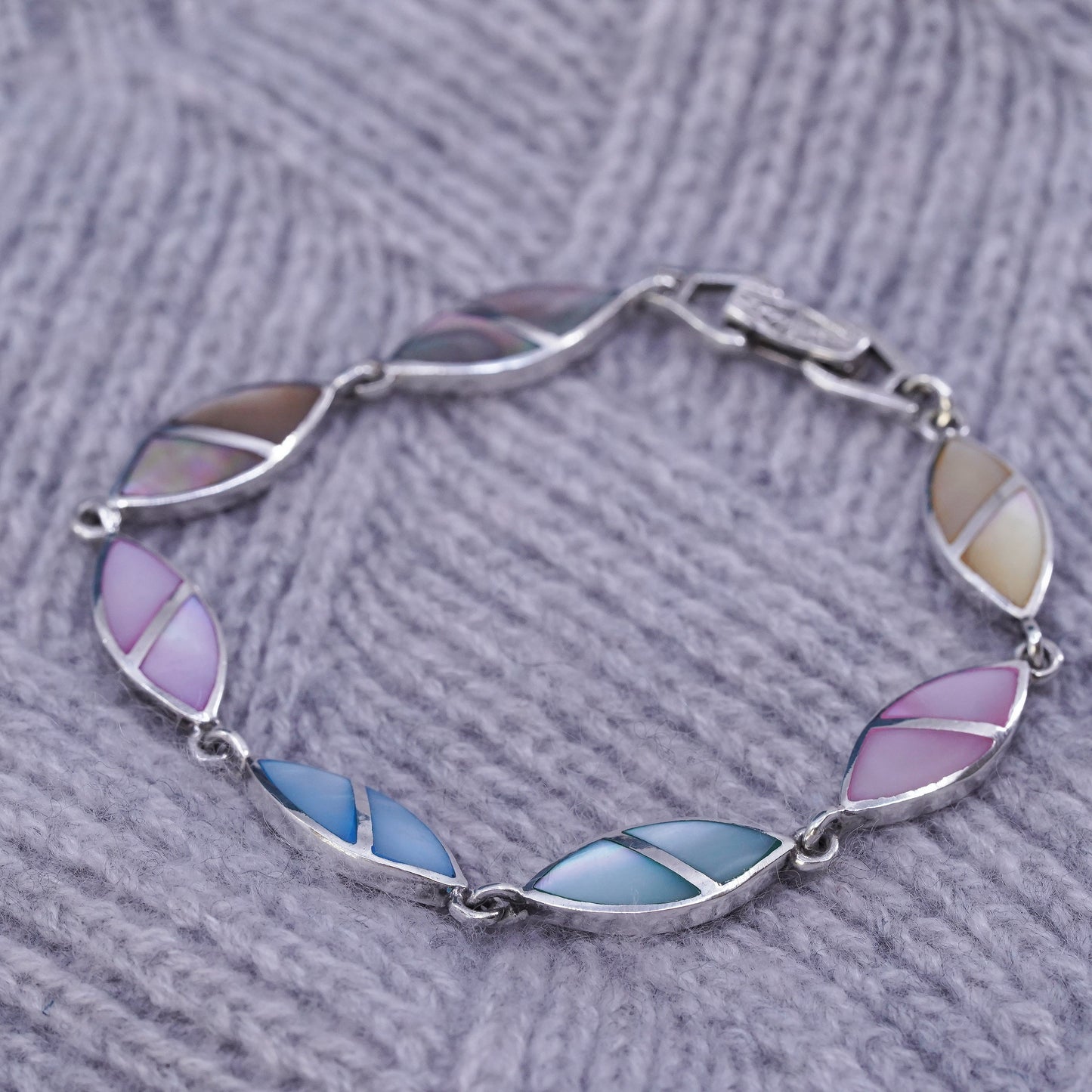 7.5", vintage sterling 925 silver handmade bracelet with mother of pearl tennis