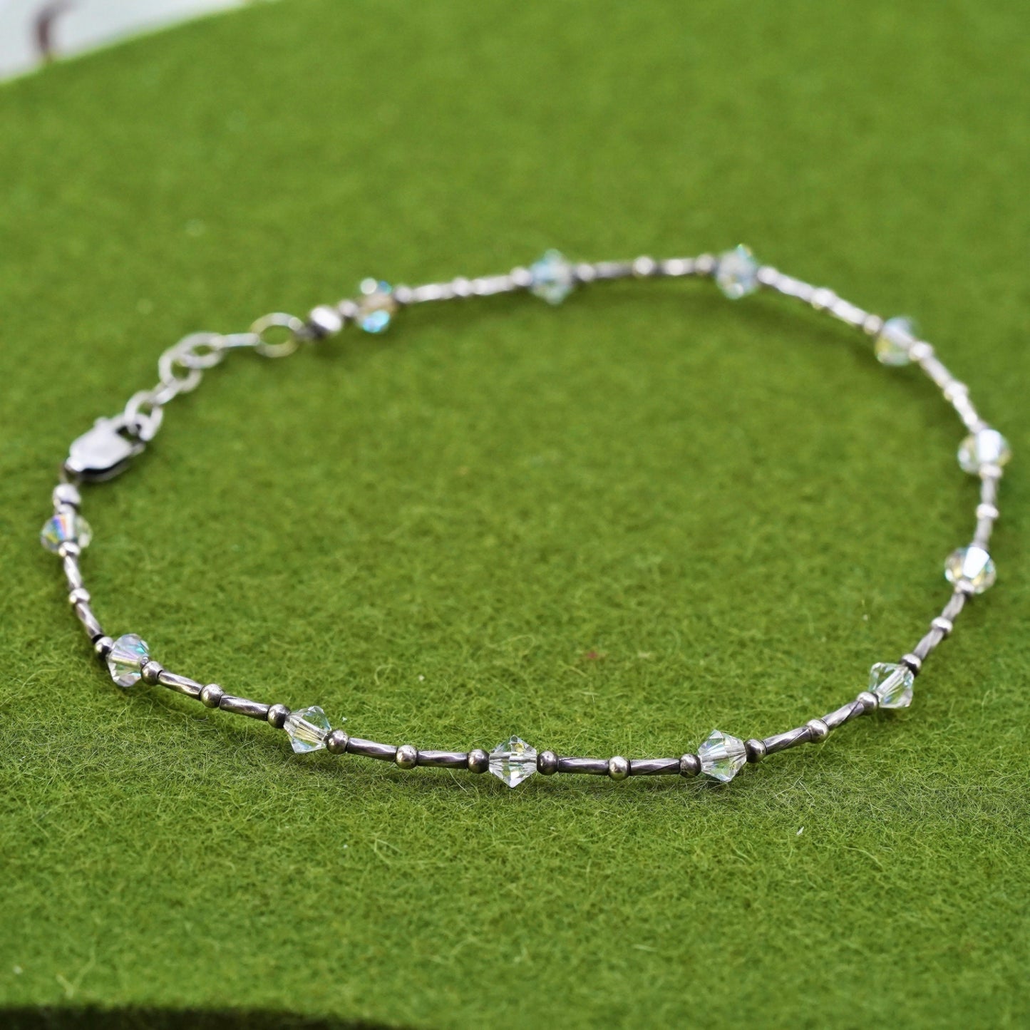 9", Vintage Handmade sterling silver anklet, 925 bar chain with crystal beads