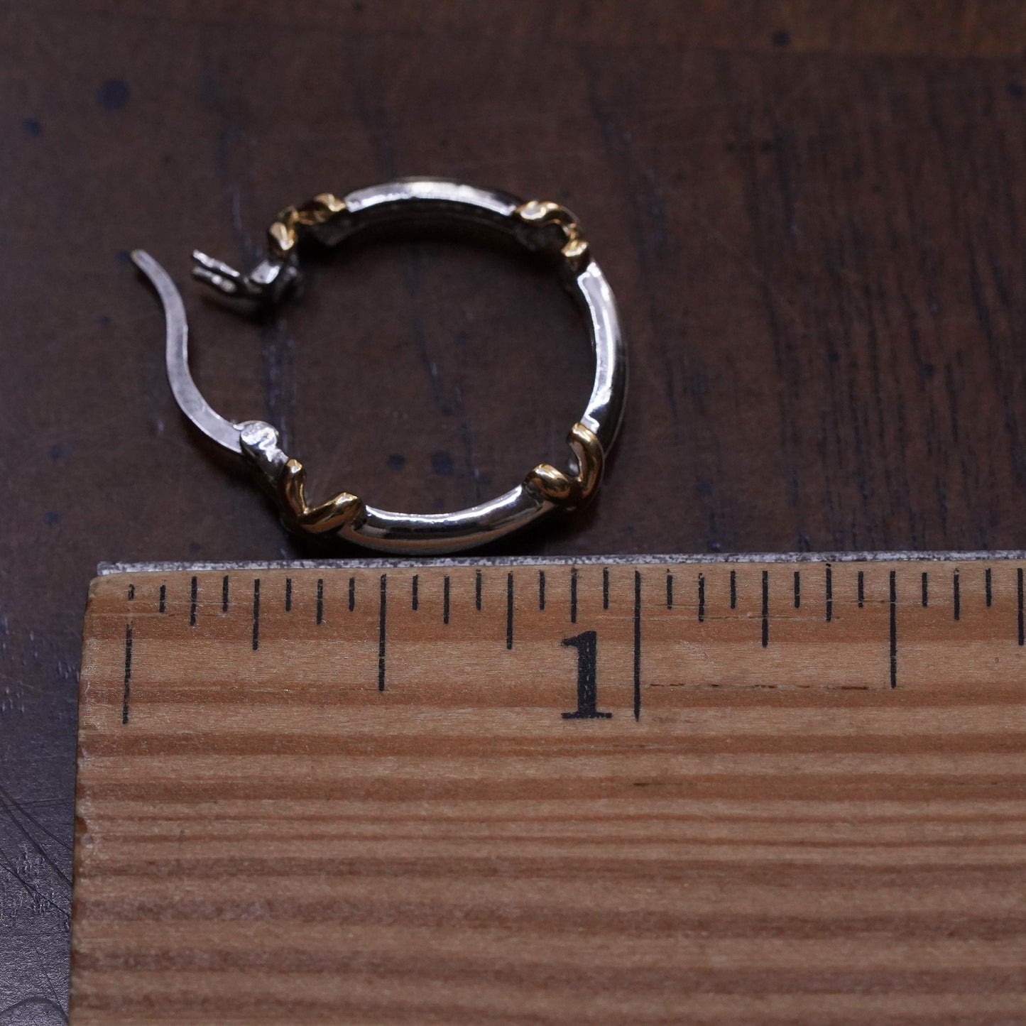 0.75", Vintage two tone sterling silver loop single earring, hoop with cross
