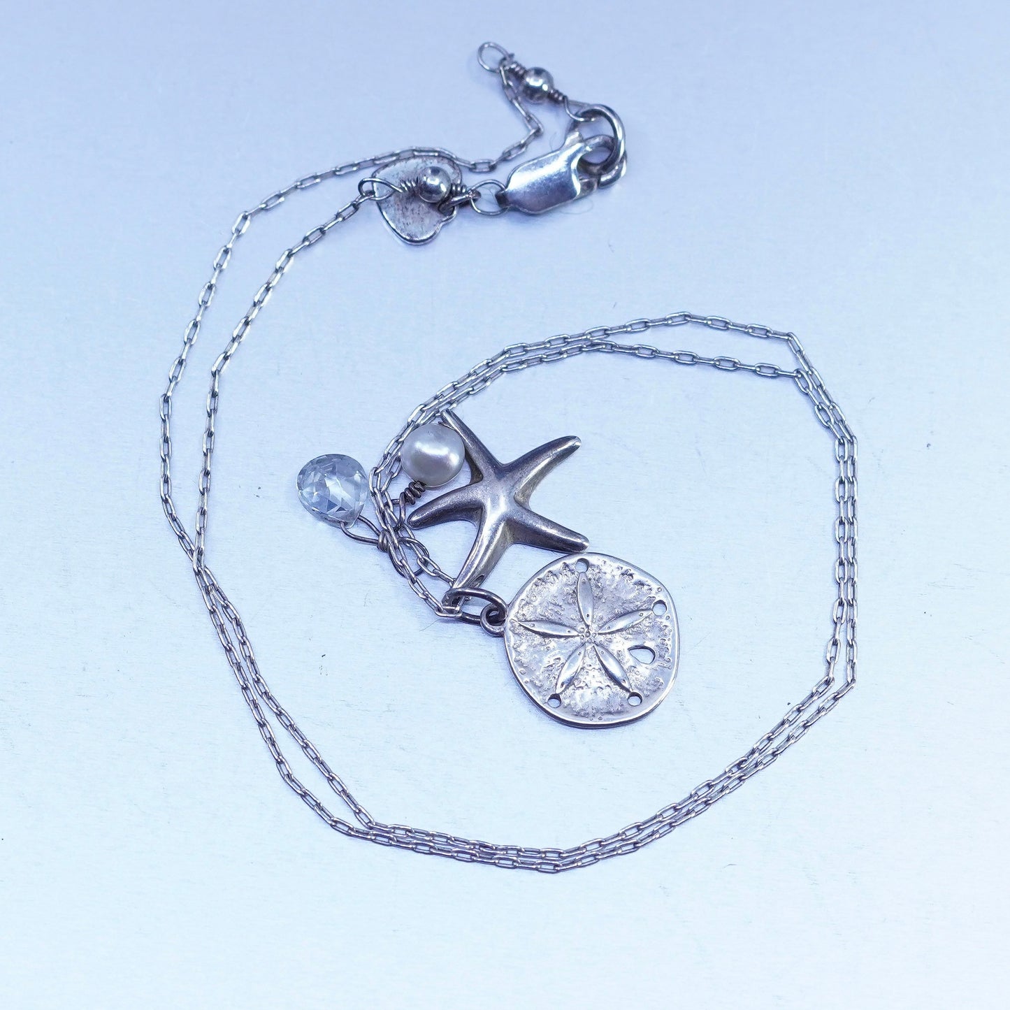 18”, Sterling 925 silver circle necklace sand dollar starfish charms pendant