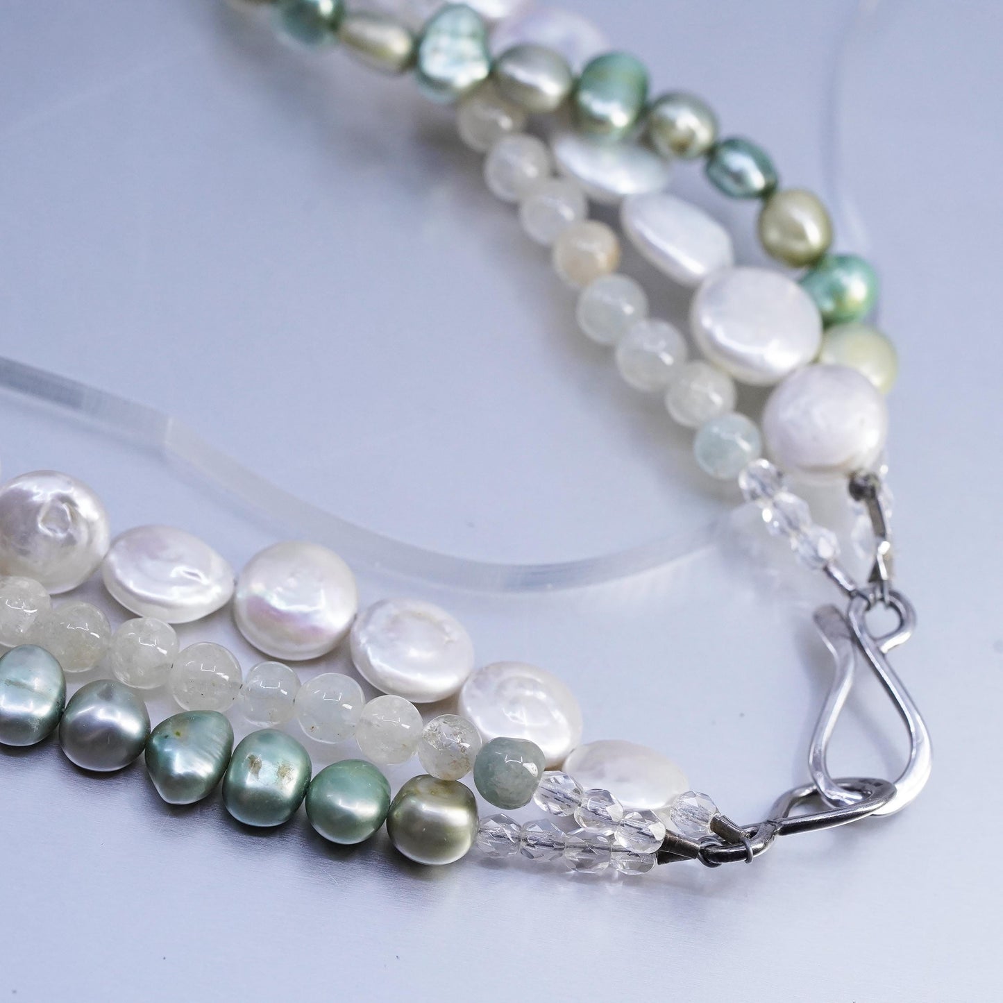 16", vintage multi strands coin pearl necklace with Sterling 925 silver clasp