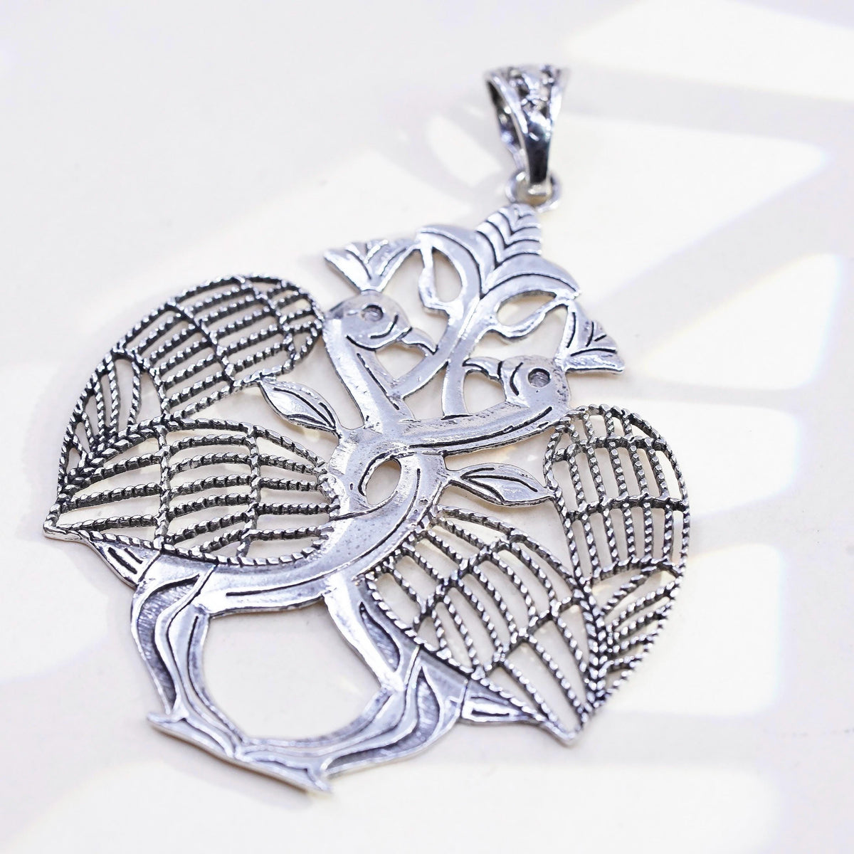 925 Sterling Silver Love Birds Tree of Life Pendant, Filigree Openwork Charm