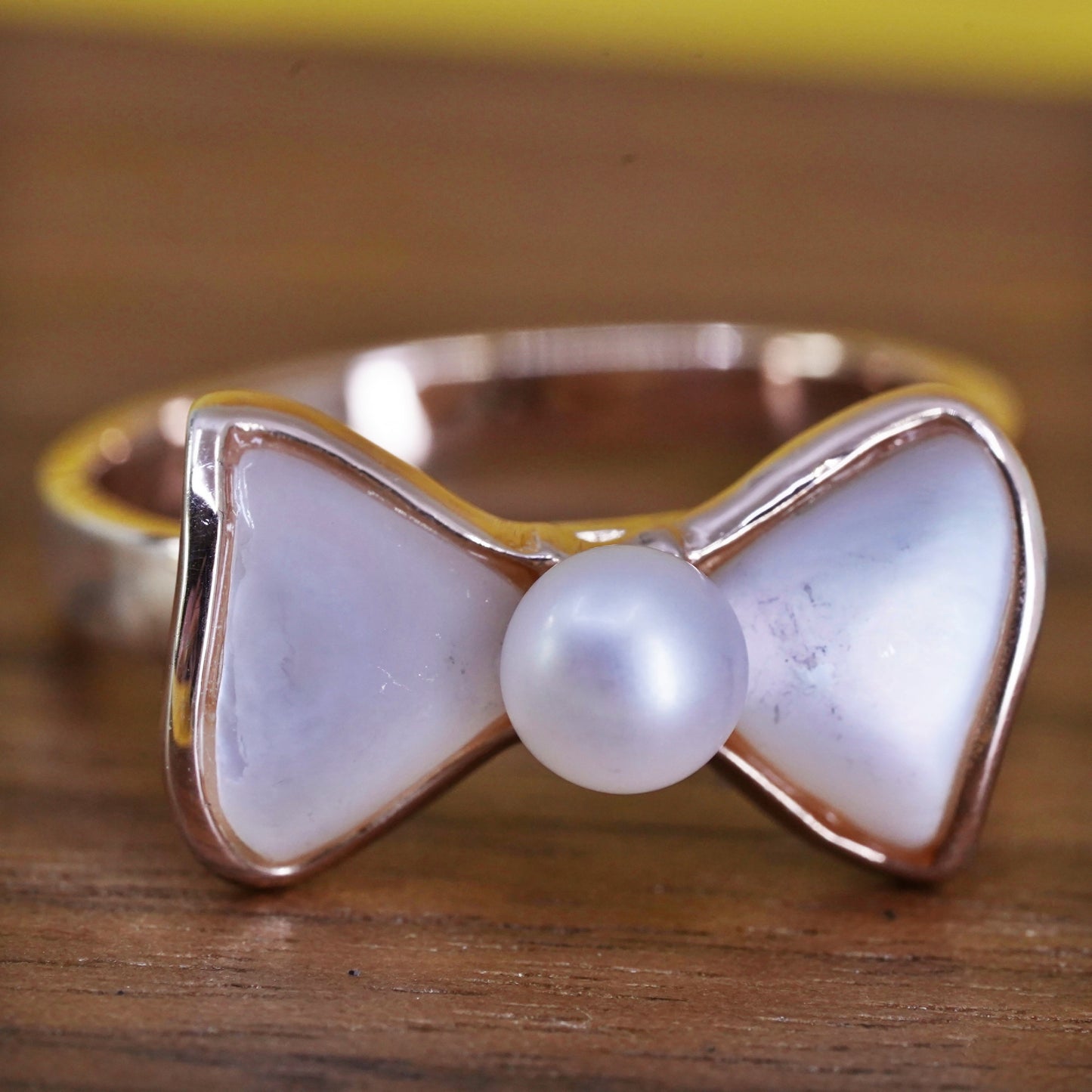 Size 9.25, vermeil rose gold Sterling 925 silver ribbon bow tie ring with pearl