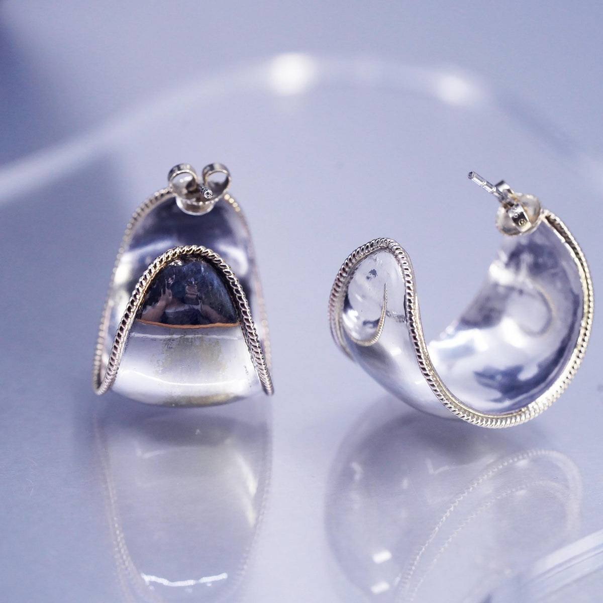 Two Tone Sterling 925 Silver Wide Hoop Earrings, Sculptural Curved Half Hoops