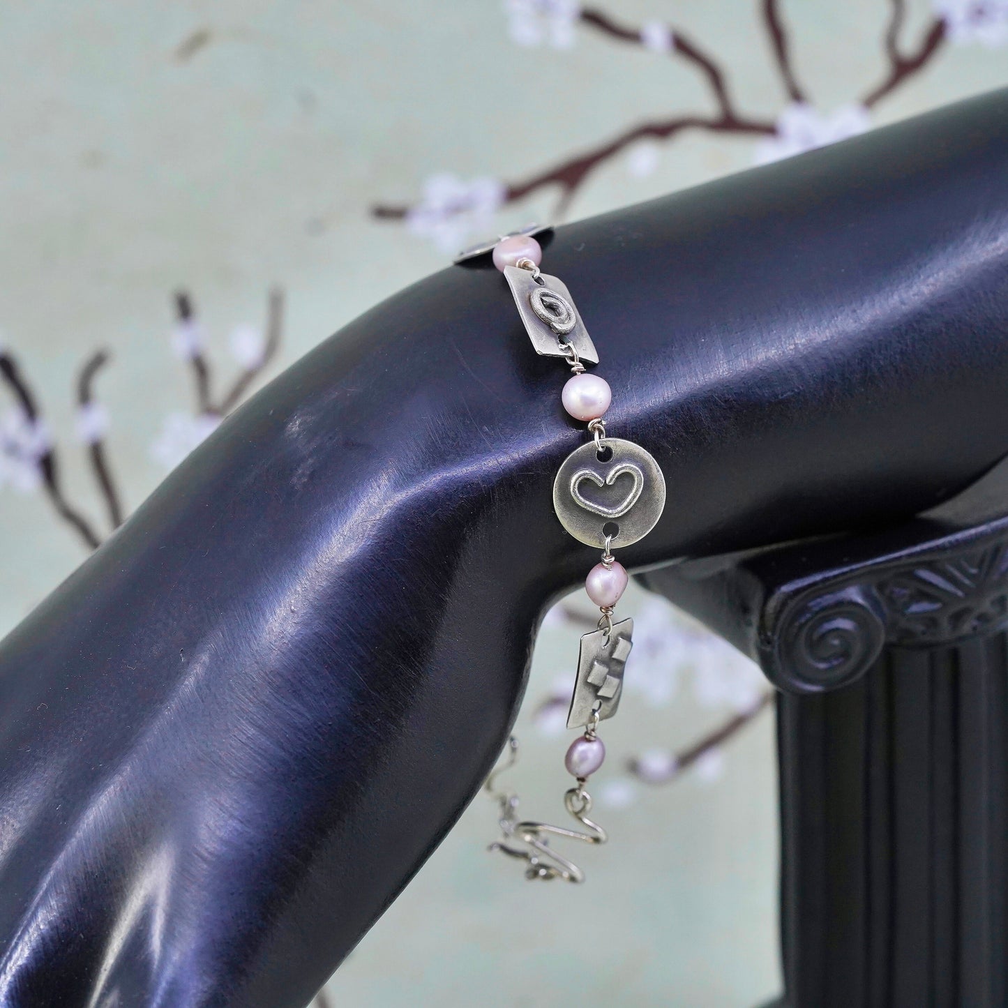 7", sterling silver handmade bracelet, 925 disc embossed heart with pearl beads