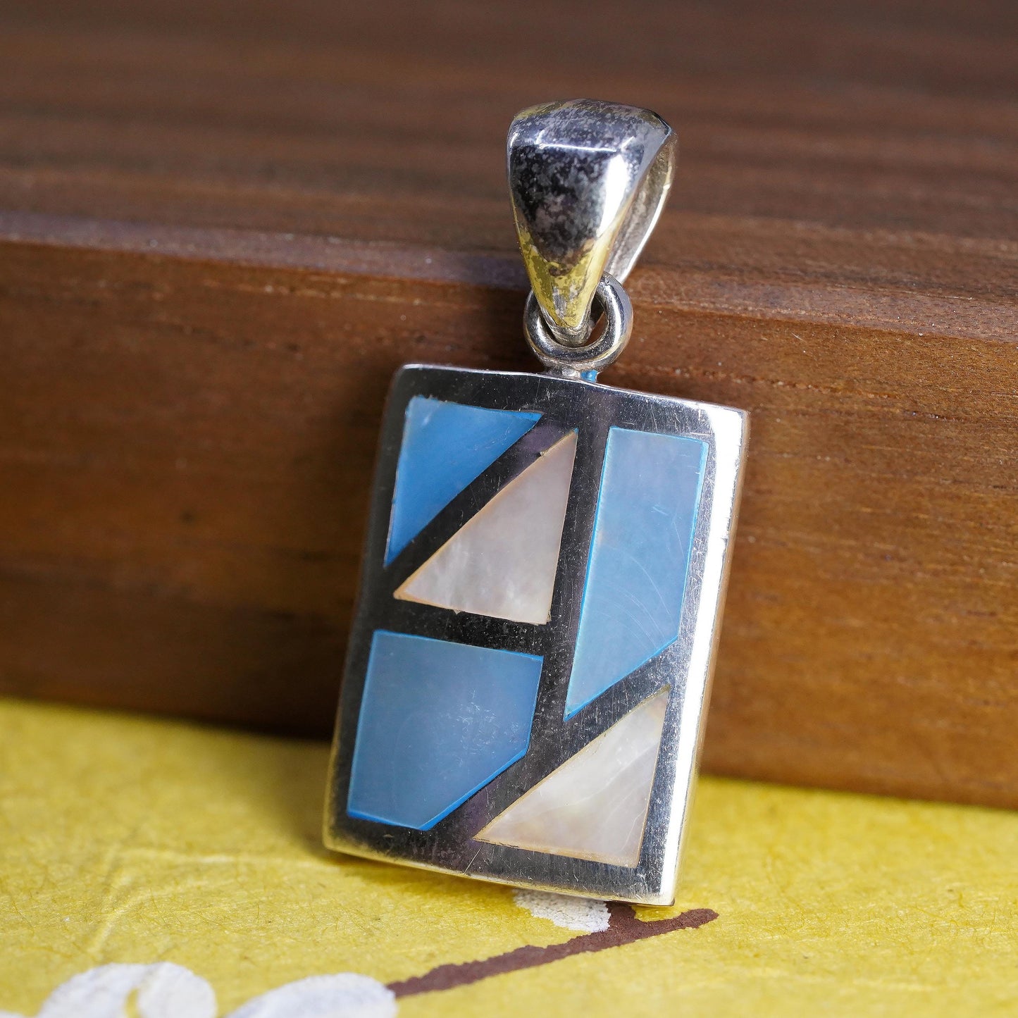 925 Sterling Silver Blue Pink Mother of Pearl Pendant Modernist Rectangle Charm