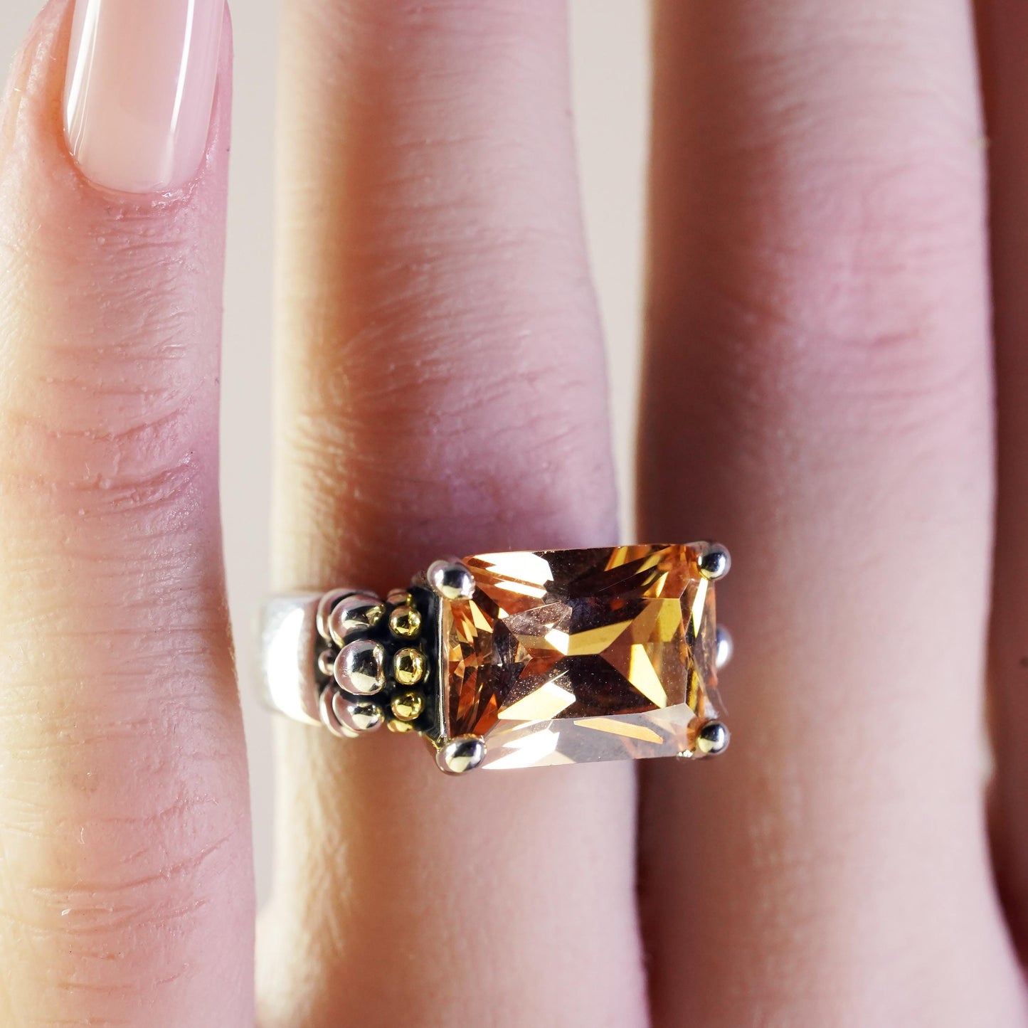 Size 6, vintage Sterling 925 silver cocktail ring citrine 14K yellow gold beads