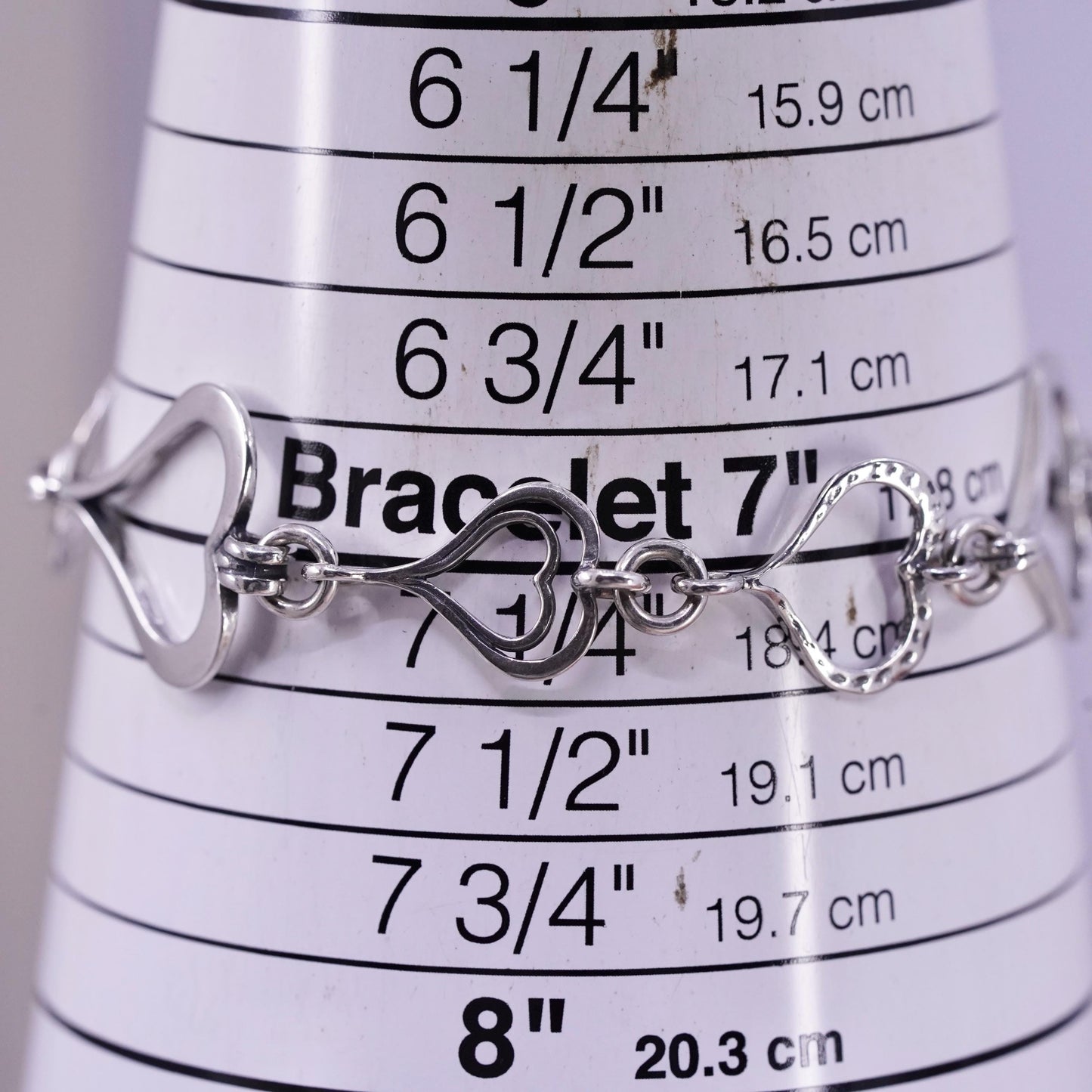 7.25”, vintage Sterling 925 silver handmade chain bracelet with heart links