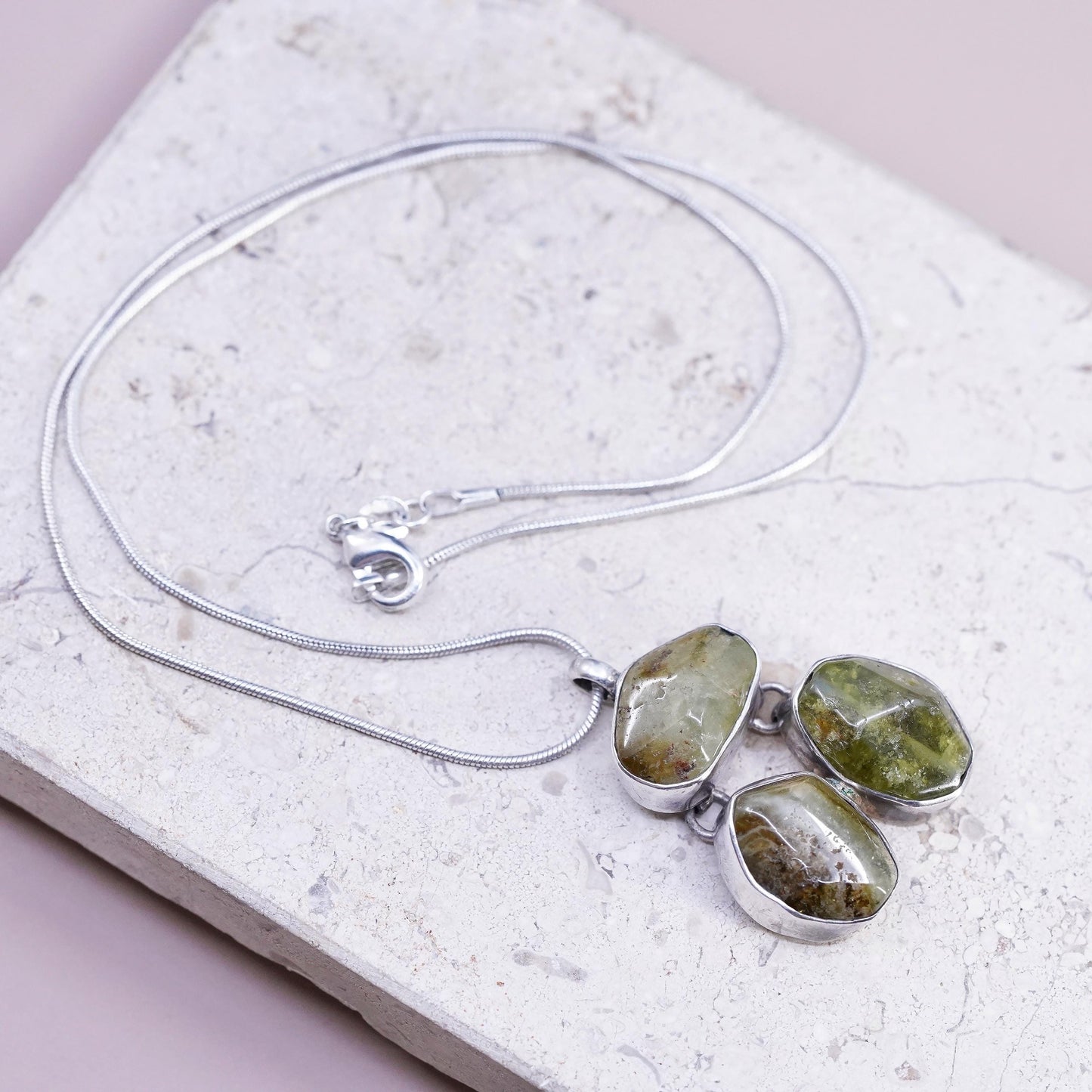 Vintage Sterling 925 Silver Necklace, snake chain and Idocrase pendant
