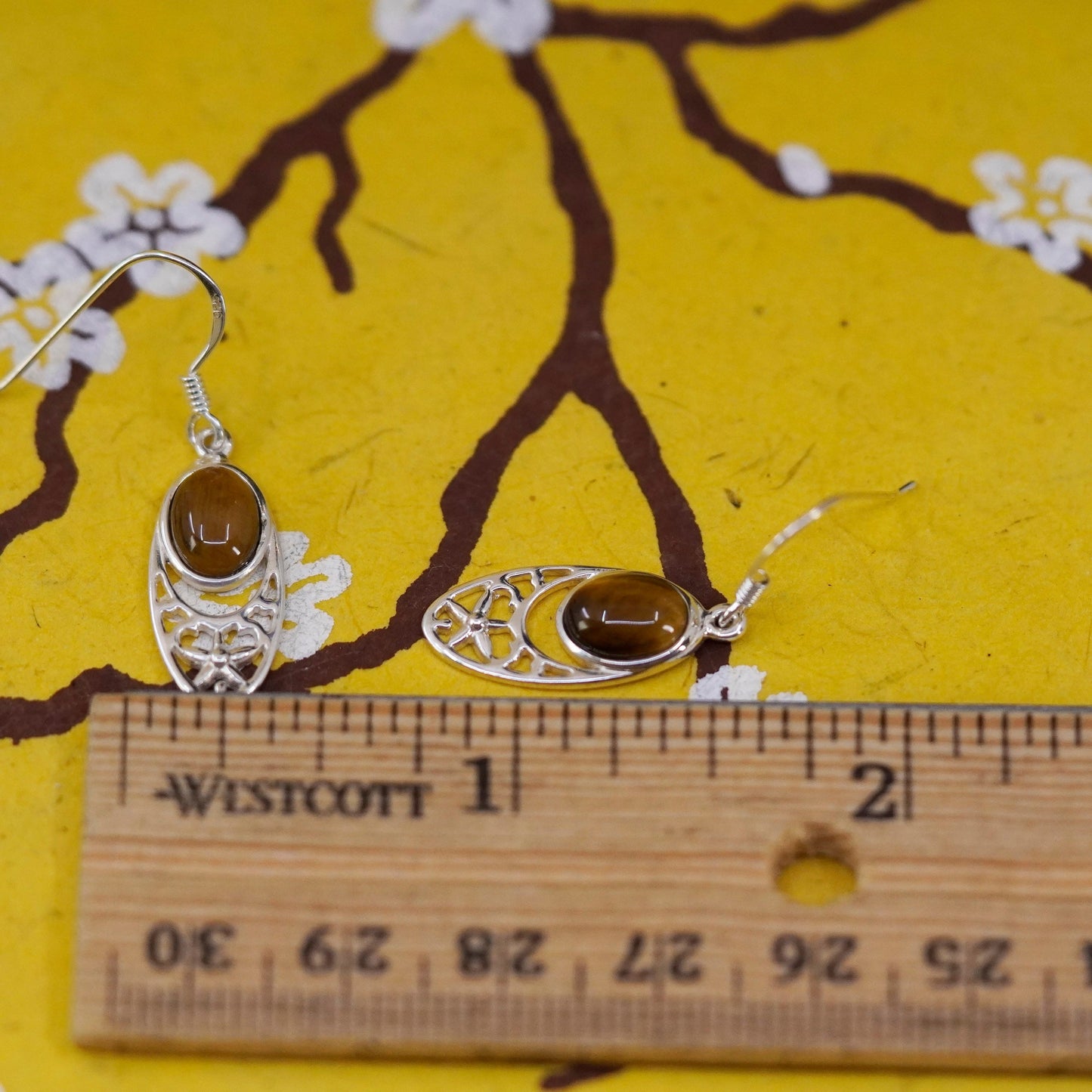Vintage Sterling 925 silver handmade earrings with golden cat’s eye drops