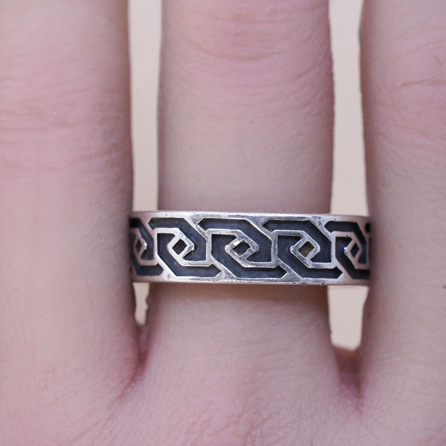 Size 12, Vintage Sterling Silver Signed 925 WJ Waldeck Johnson Tribal Ring Band