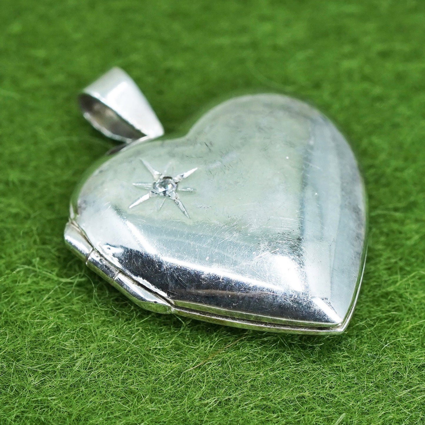 Vintage sterling silver photo locket charm pendant, 925 heart with cz star