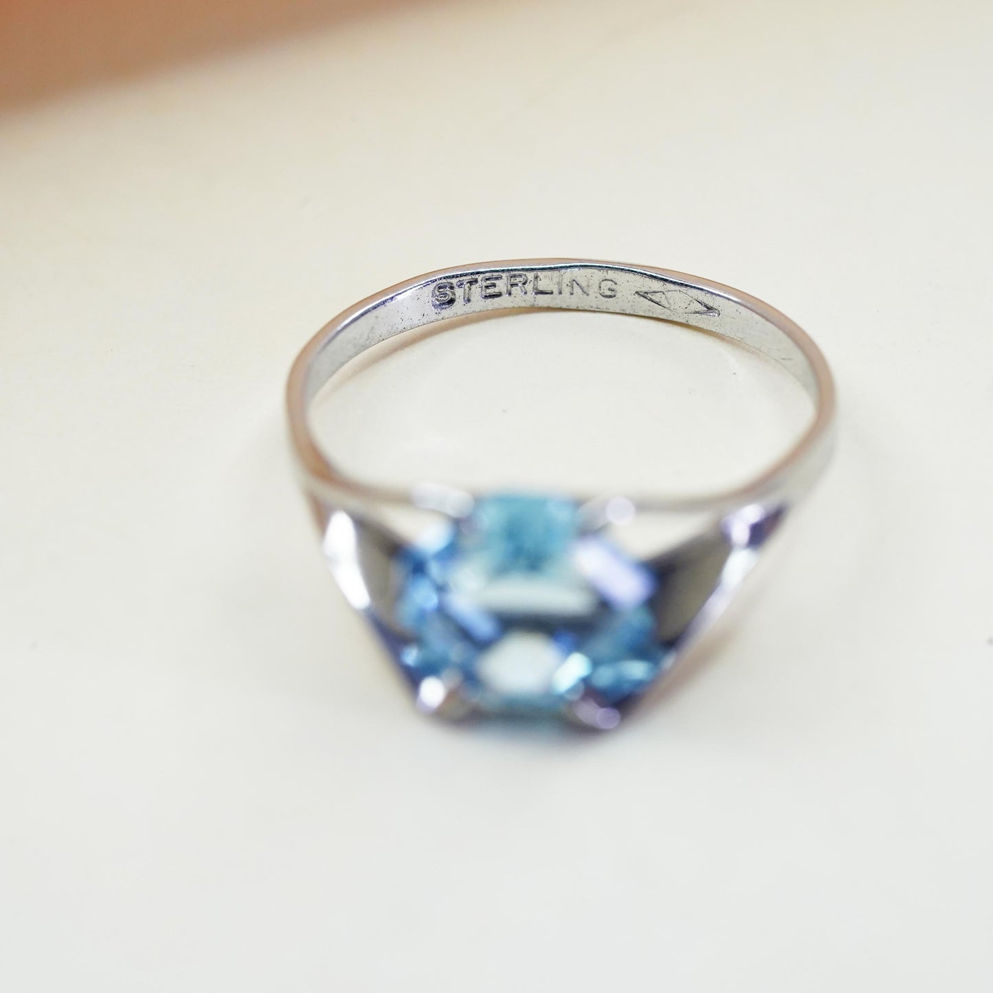 Size 6, vintage signed Sterling silver statement ring, 925 band with blue topaz