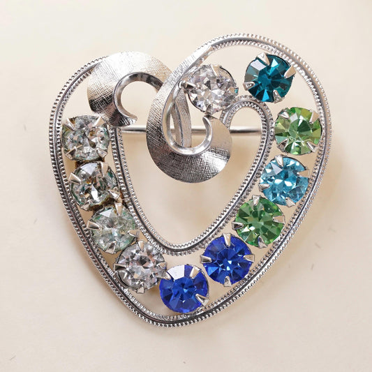 Vintage Sterling silver handmade brooch, 925 Heart with colorful rhinestone