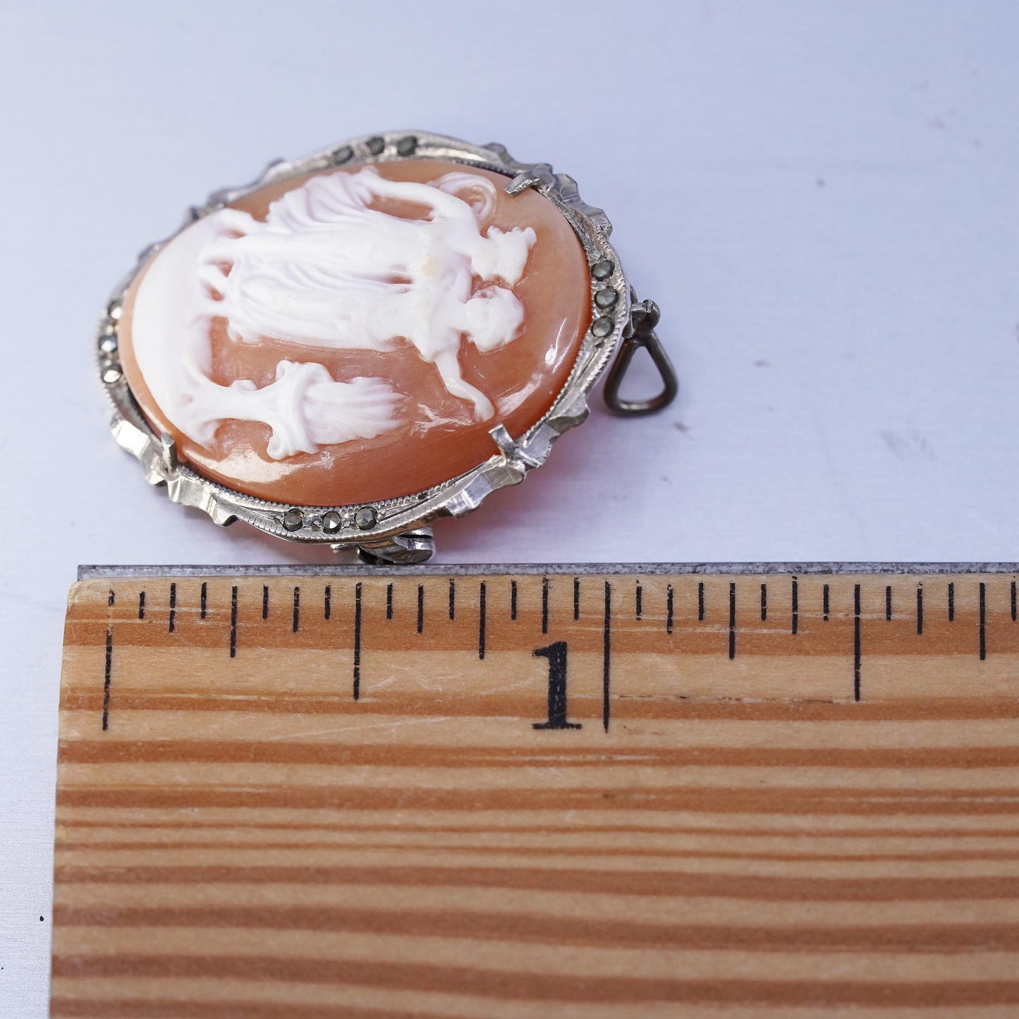 Vintage Sterling 925 silver handmade brooch pendant w/ agate carved cameo girl