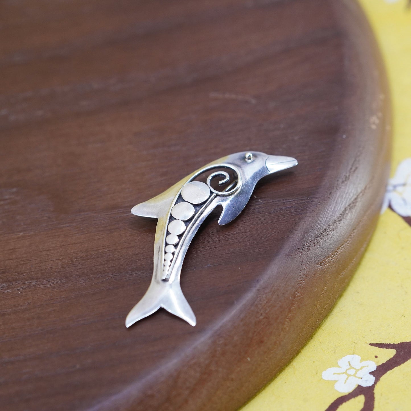 Vintage handmade two tone sterling 925 silver dolphin brooch with brass trim