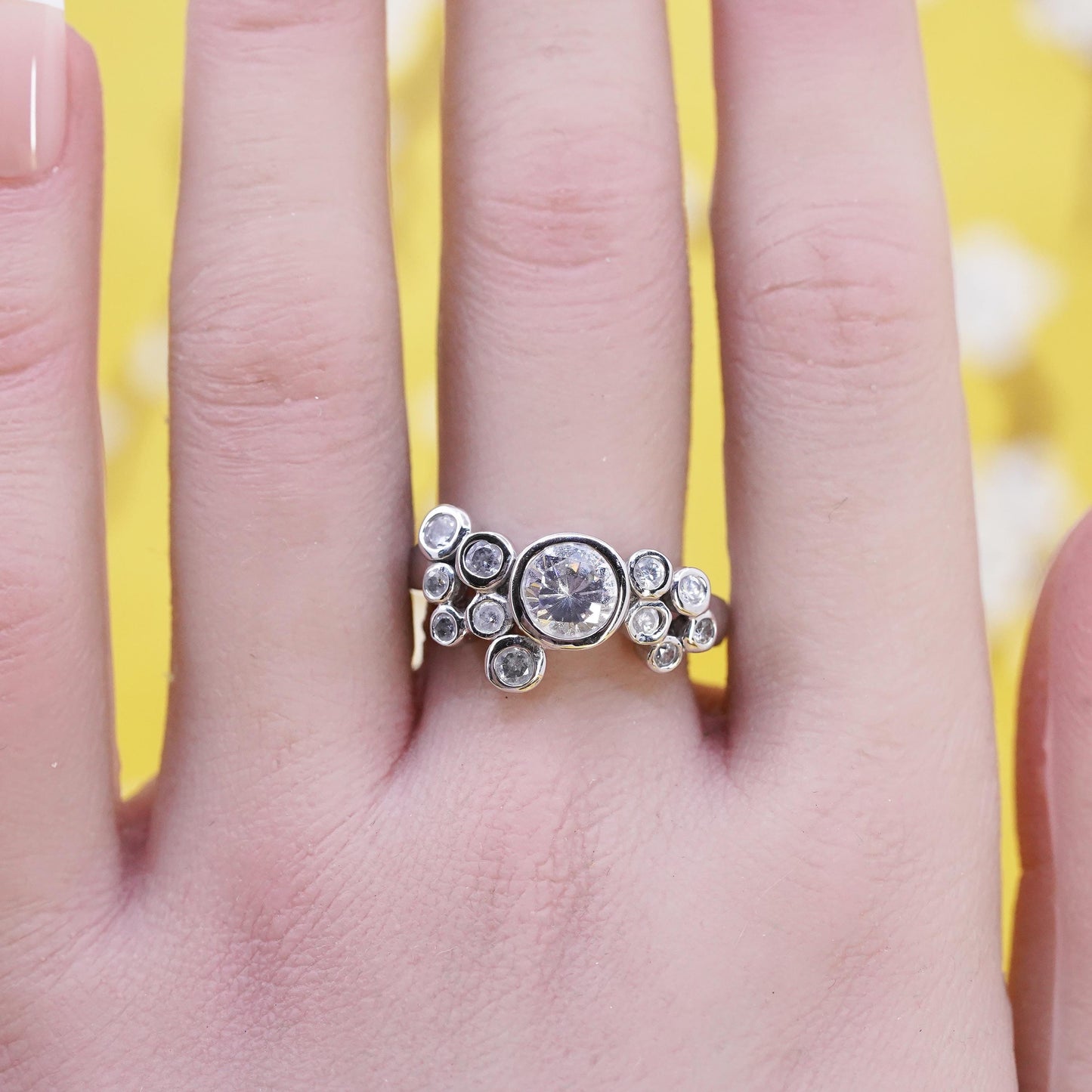 Size 8.25, vintage Sterling 925 silver anniversary engagement ring cluster cz