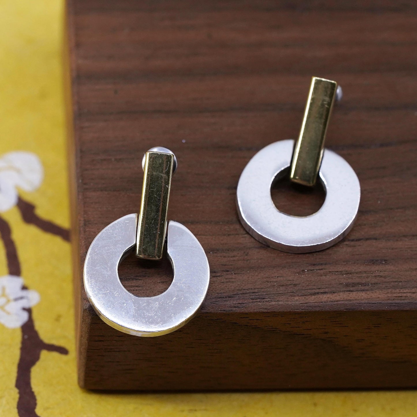 Vintage two tone Mexico Sterling silver earrings, 925 studs with circle dangles