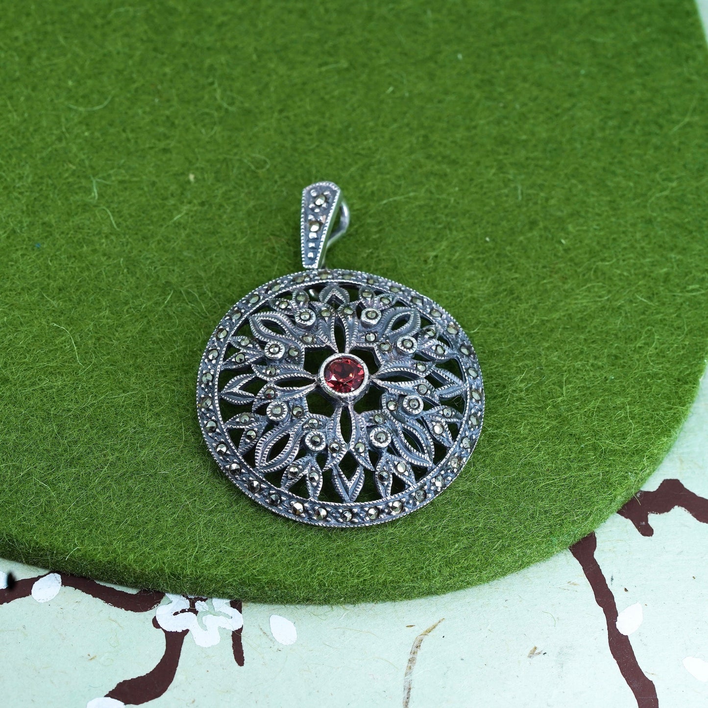 Judith Jack sterling 925 silver handmade filigree pendant with ruby marcasite
