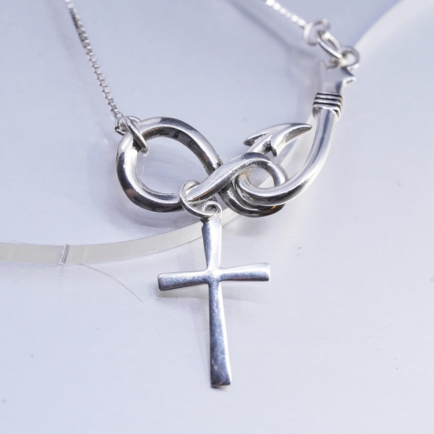18" Sterling 925 Silver Fish Hook Infinity Cross Necklace, Pendant Christian
