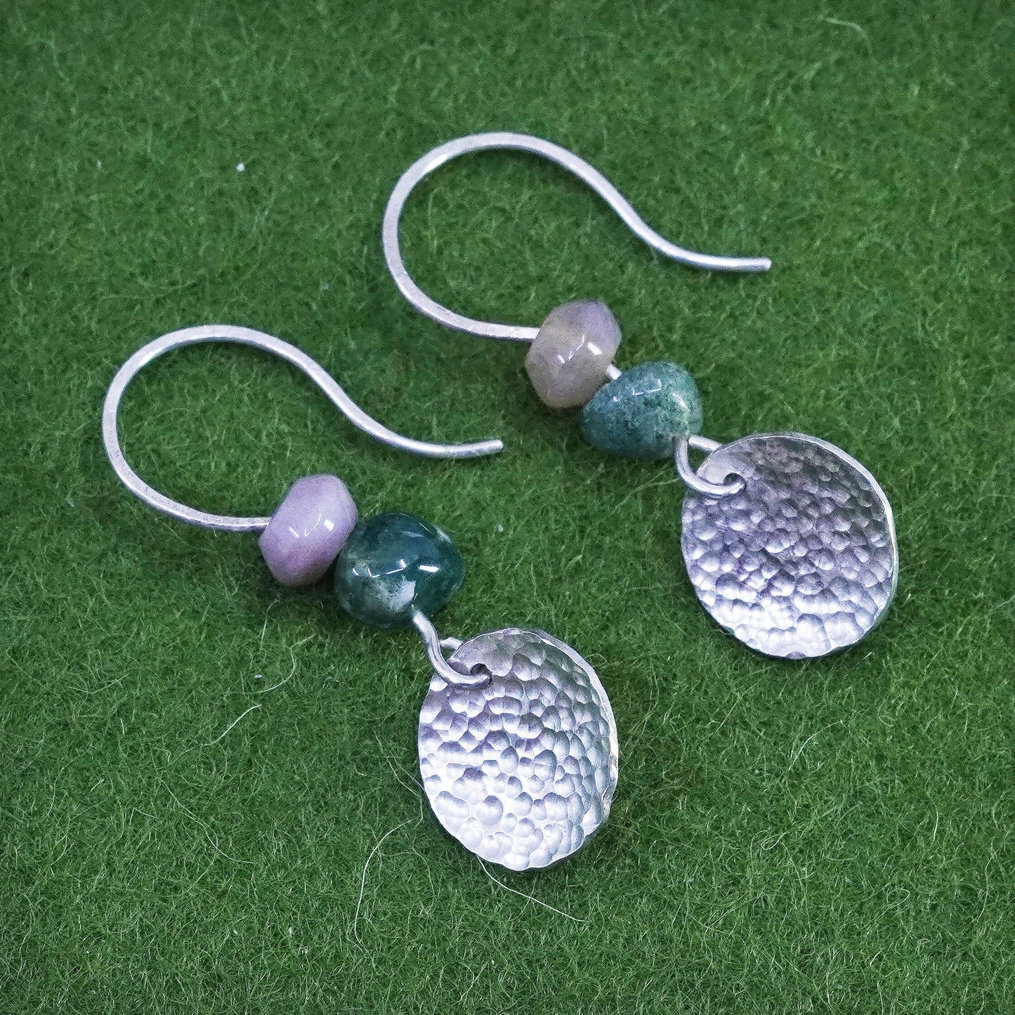 Vintage Hammered textured Disc Sterling 925 Silver Earrings with jade and agate