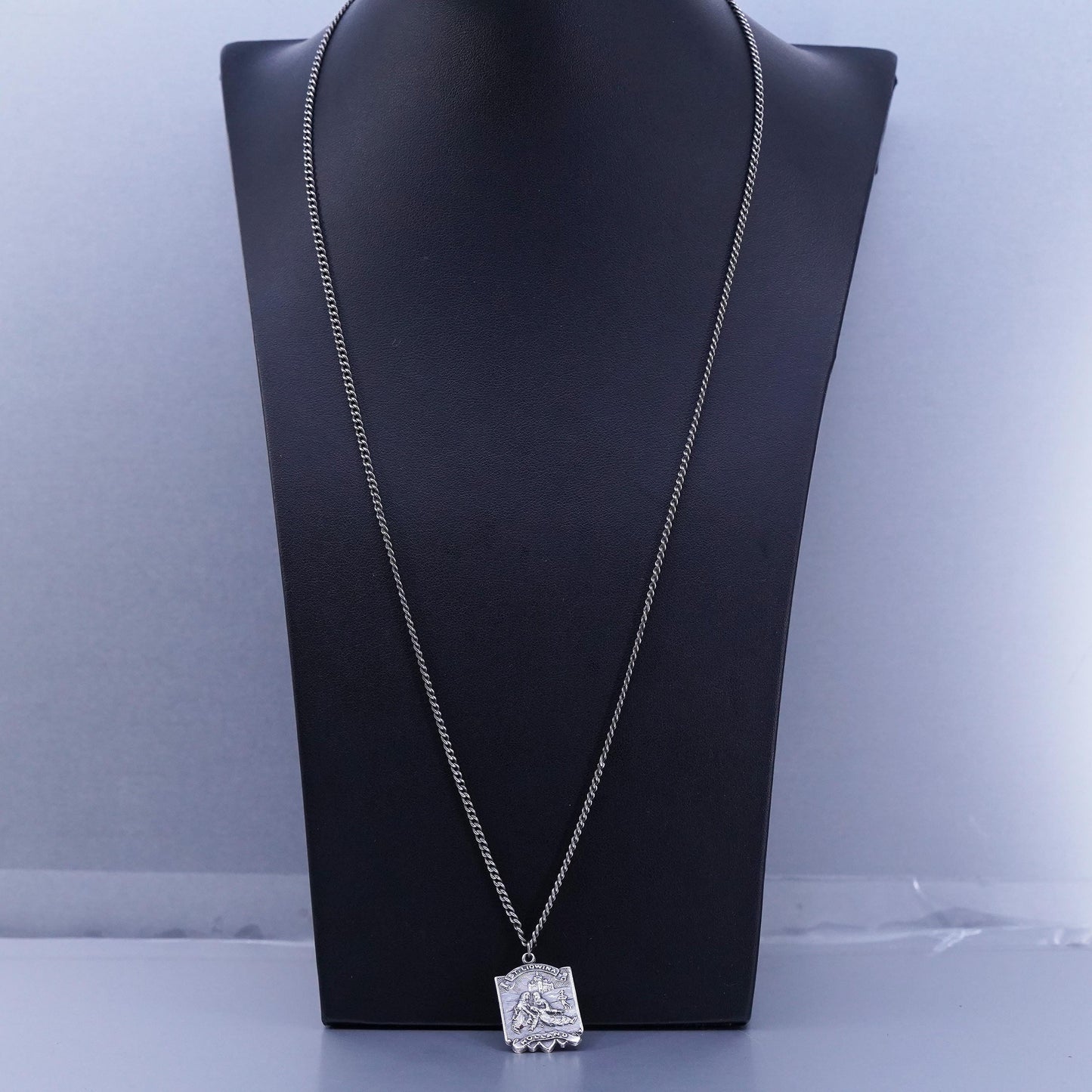 24”, VTG Sterling 925 silver curb necklace with St Lidwina Holland tag pendant