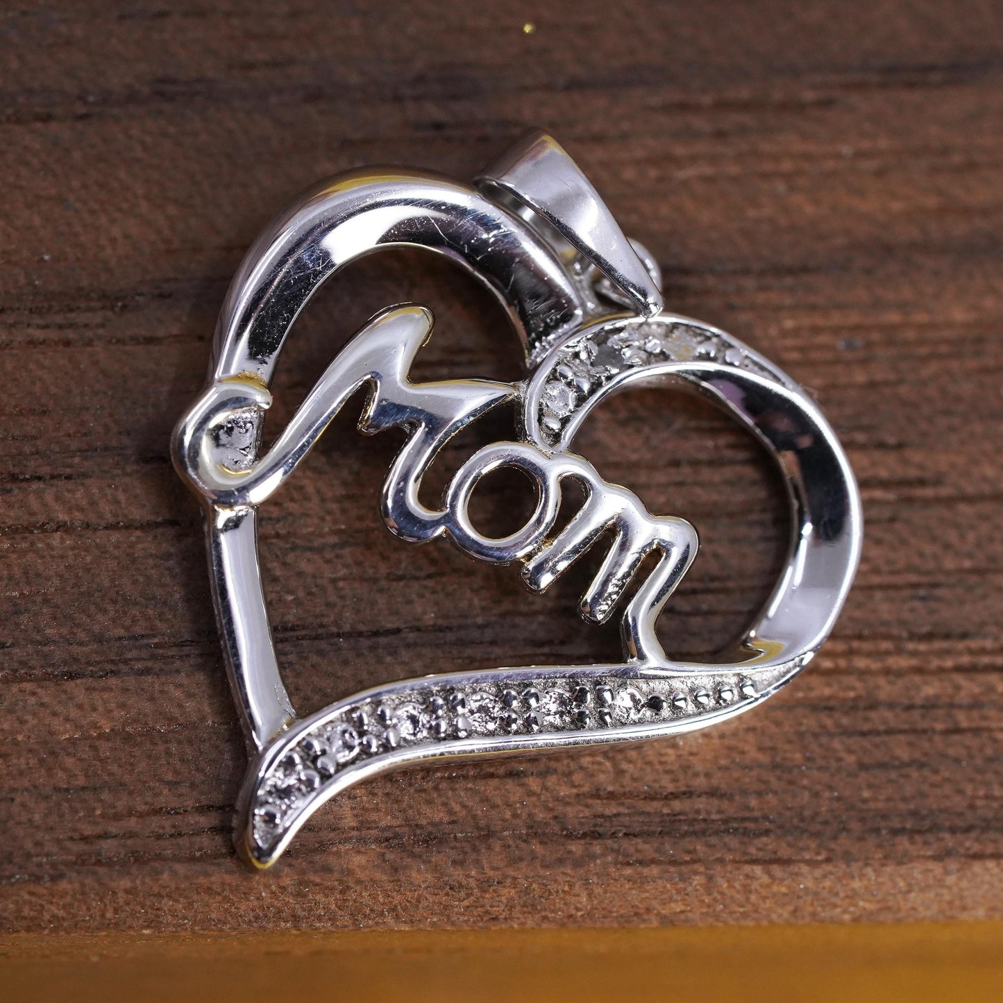 Vintage Sterling silver handmade pendant, 925 heart with “mom” diamond details
